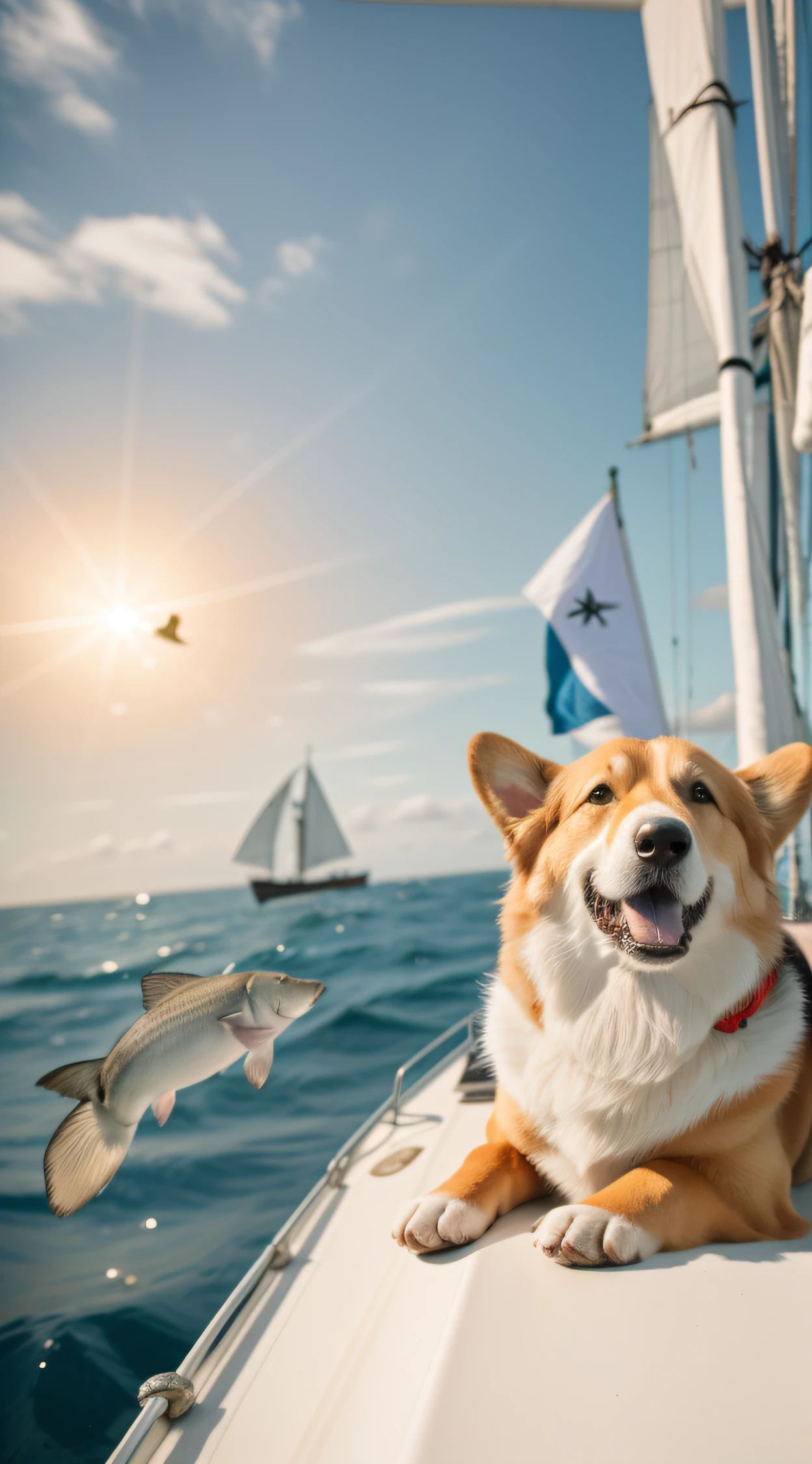 There was a dog sitting on the bow of the boat, happy dog, Sail, Set sail, he's on an old sailing boat, vacation photo, fish in the background, Corgi, corgis in no man's sky, On the ocean, author：Nico Henrikan, shutter inventory, corgi with [ Angelic wings ]!!, the king of the seas, sails