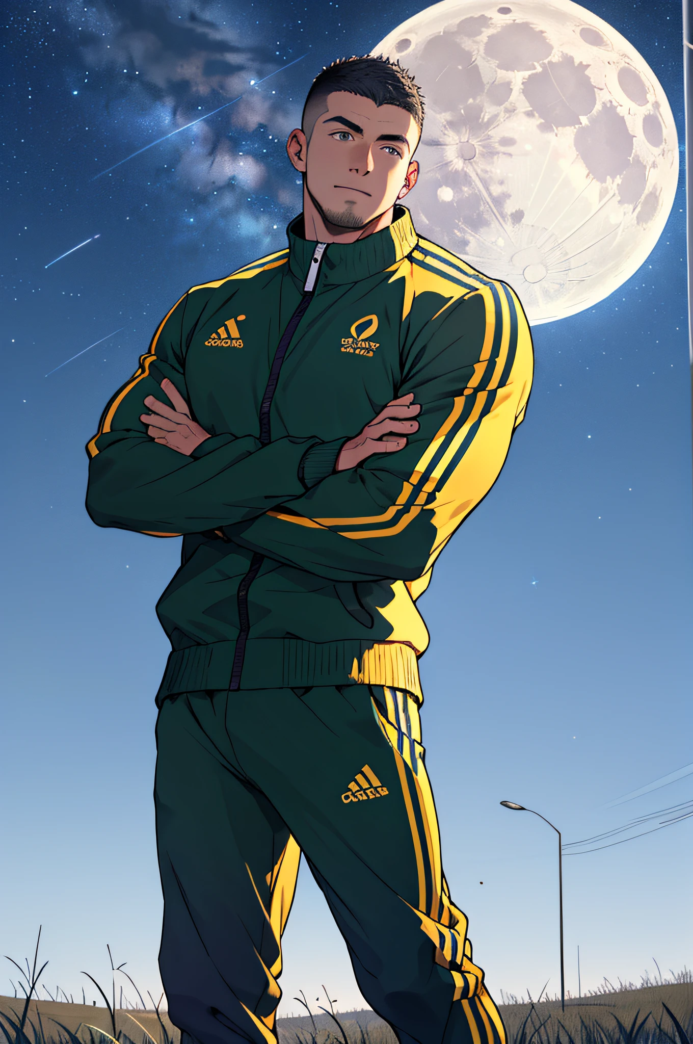 Draw a full-fledged footballer,Standing on the steppe at night,He was wearing a tracksuit,The man looks confident and determined,looking-down,Crew cut,full bodyesbian,Stars dot the sky,shooting from below,Big moon highlights background