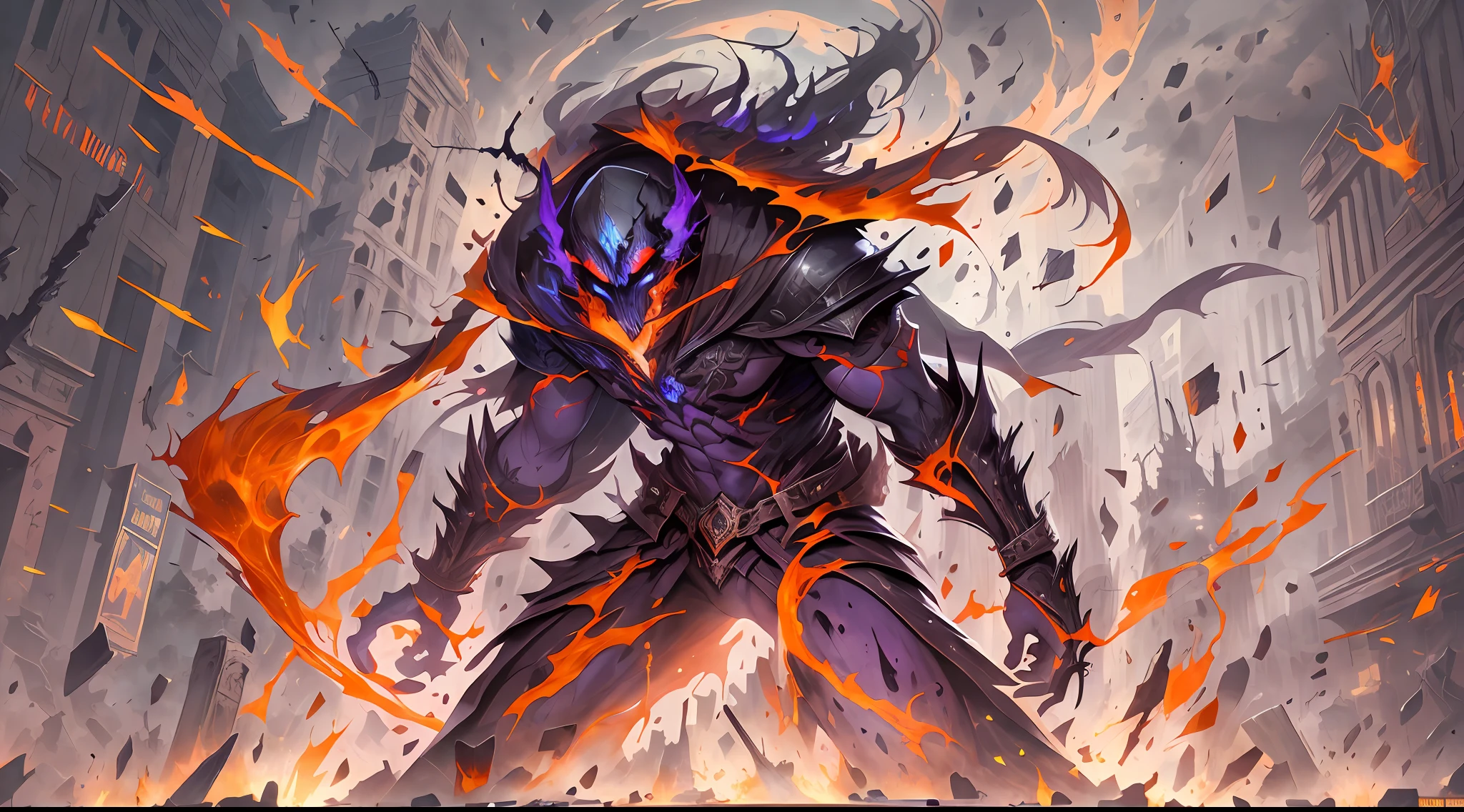 Hombre grande,marcas y simbolos por el cuerpo,pelo largo y lanco,capucha roja,Espada gigante de almas en pena,oscuro,almas,guantes demoniacos,armadura masiba,armadura de almas en pena,demonio, Fuego, caballo infernal de fuego y lava,ojos rojos,ojos azules brillante, infierno, apocalyptic,fin del mundo, Lado oscuro,ruina, guerra, Darksiders , ERA (Darksiders), obra dearte,guerrero,enviado del infierno,Horseman of the Apocalypse,muerte,sangre,destruccion,hambre,lucha,furia,ciudad debastada,edificios en ruinas,calles destruidas,pobo y particulas en el aire,muchas victimas alrededor,demonios muertos,demonios descuarisados y sangrando,espada clabada,espada enterrada,espada con sangre,mirada aterradora,misterio