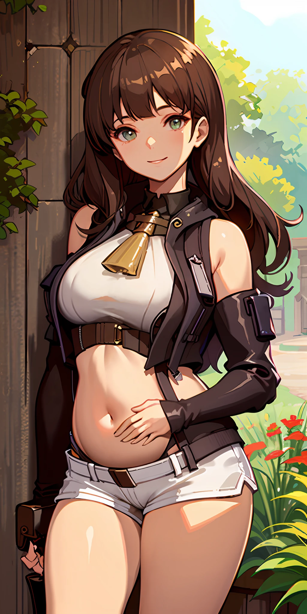 (Masterpiece: 1.6, Best quality), (beautidful eyes: 1.2), (Overhead), High quality, Beautiful face, 1girll, Wide shot, White crop top, Leather shorts, Oversized leather jacket, Open shoulders, Big tits, Long hair, Wide hips, (gardens), street, Background, Detailed background, creepy smile, Pregnant belly，Pregnant belly