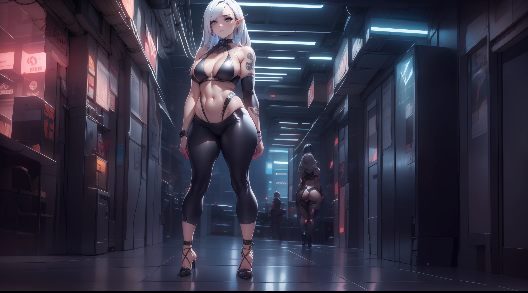 ((Technique artistique cyberpunk par Josan Gonzalez)), (Art inspired by the technique of Charles Lavesso) ,((Best masterpiece in the world)), Art riche en couleurs, ((realism)), (dark elfven), (extremely beautiful girl: 1.2), mature, Femme sexy, (Muscular), (corps entier), (semi-naked girl), sexy pose, (visage net), (one eye is bionic), (poils en queue de cheval avec variations), shaved and braided hair on the side, cheveux,silver white hair, noir, rouge, random hair lock color, corps parfait, Bouche de fraise avec brillance, bouche peu ouverte, eyes symmetrical, seductive look, beautiful eyes ultra detailed and with brightness), Makeup, Des mains parfaites avec 4 doigts et un pouce, full buttocks and rounded medium and laterally, tendency ass of the Brazilian, seins petits et ronds, and protruding areolas), (pubic hair barely visible), piercing dans le nombril, tatouages sur le corps, style de tatouage Irezumi, Taille fine, peau,Peau de Metehumam, hyper detailed skin with visible pores, small discolored body hairs, bionique, legging, (Plateau en plastique cristallin transparent: 1.2), (Sac en plastique transparent), (tissu plastique cristallin transparent), wet with sweat, (see through fabric), Veste style Cyber Punk, high heel shoes, ((Metropolises night city of Cyber Punk night background extremely detailed: 1.4)), PNJ Cyber Punk Walking, parked sport bikes, (Panneaux: 1.2), Couvercle en verre, disque, Ruelle, plage, paysage, neon light, wet floor, Effet lueur, (8k resolution: 1.2), (Canon EOS R6), tendance artstation, Lumen[, tranchant, Unreal 5, photorealistic art, Ray Tracing, (High Dynamic Range 10 plus), surrealism, ombre, stereogram, Lens Flare light, (hyper realistic light and shadow: 1.2) ;