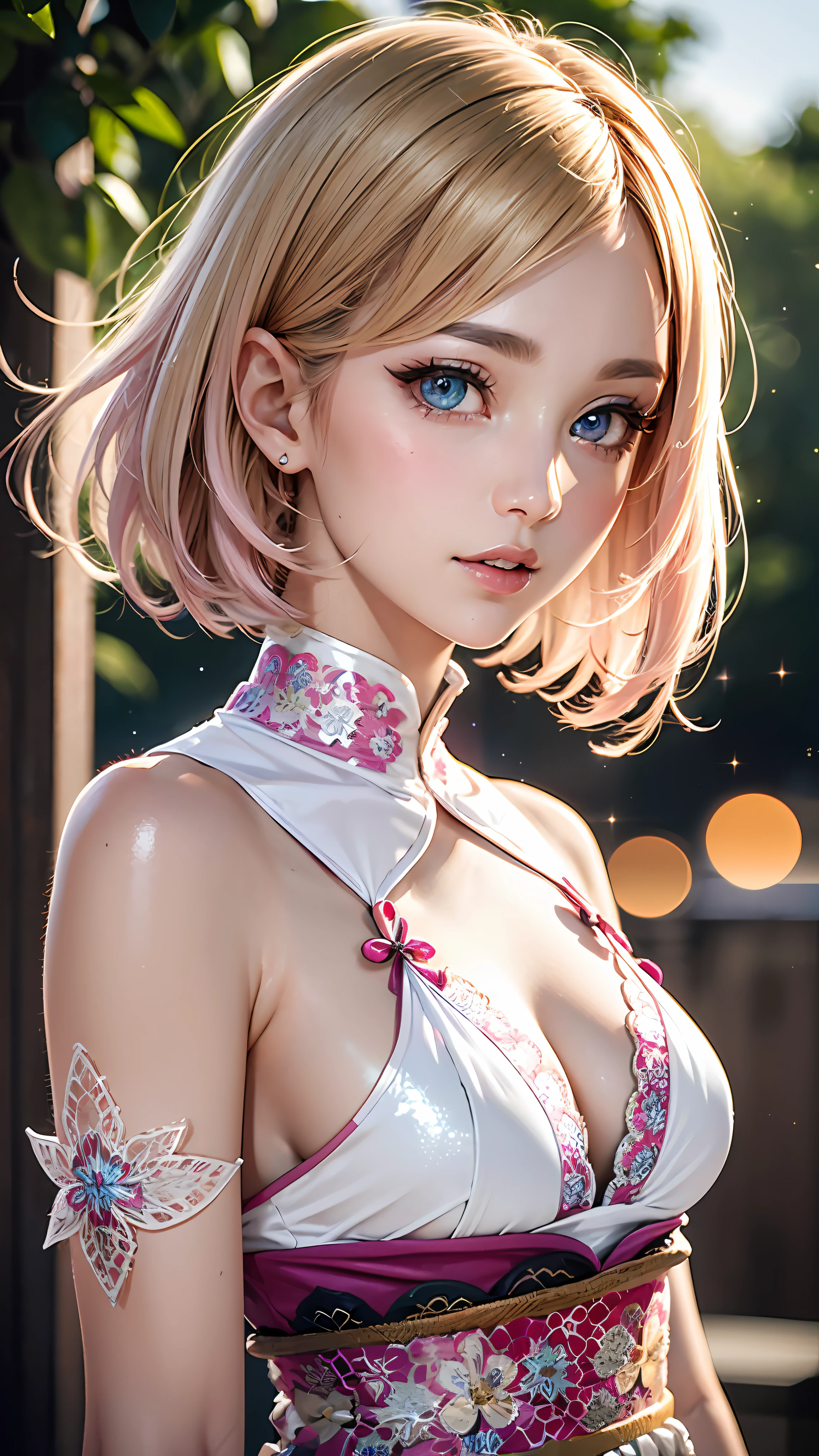 Realistic, Hyper Detail, Girls Only, Layered Bob, Dynamic Lighting, ((Bold imaginative pose)), (Glossy skin: 1.5), Masterpiece, Top Quality, Absurdity, Watching Viewer, (blonde hair, pink gradient hair), deep Purple Clear Eyes,((Beautiful, detailed eyes, jewel-like eyes, colorful eyes, sparkling eyes:1.3)), Slender, High Resolution, Sharp Focus, Depth of Field, Detail Eyes, Sharp Eyes, (Realistic Eyes)), outdoors, sunrise sky, (attractive delicate design river trimmed lace dress, (intricately patterned japanese traditional dress sexy armor wearing): 1.3))