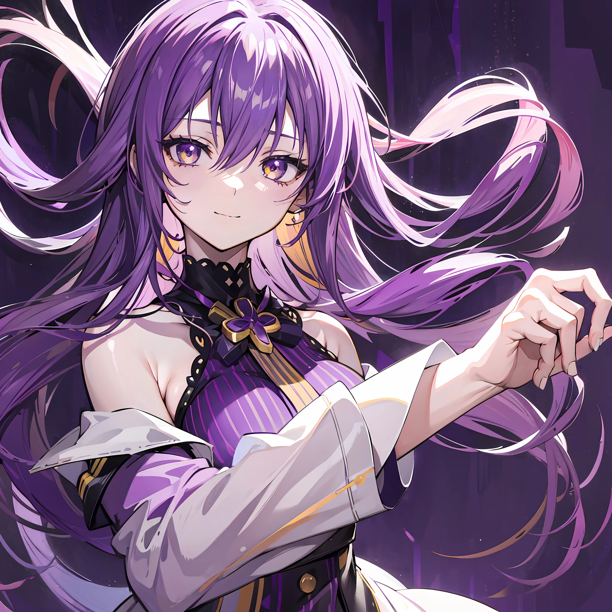 【Highest Quality, masutepiece】 [Gal, Manteau, expressioness,Bare shoulders, Purple  and Yellow Eyes, front facing, Long hair, Purple-yellow hair, Upper body] (greybackground:1.7), busty, smiley face, moona hoshinova