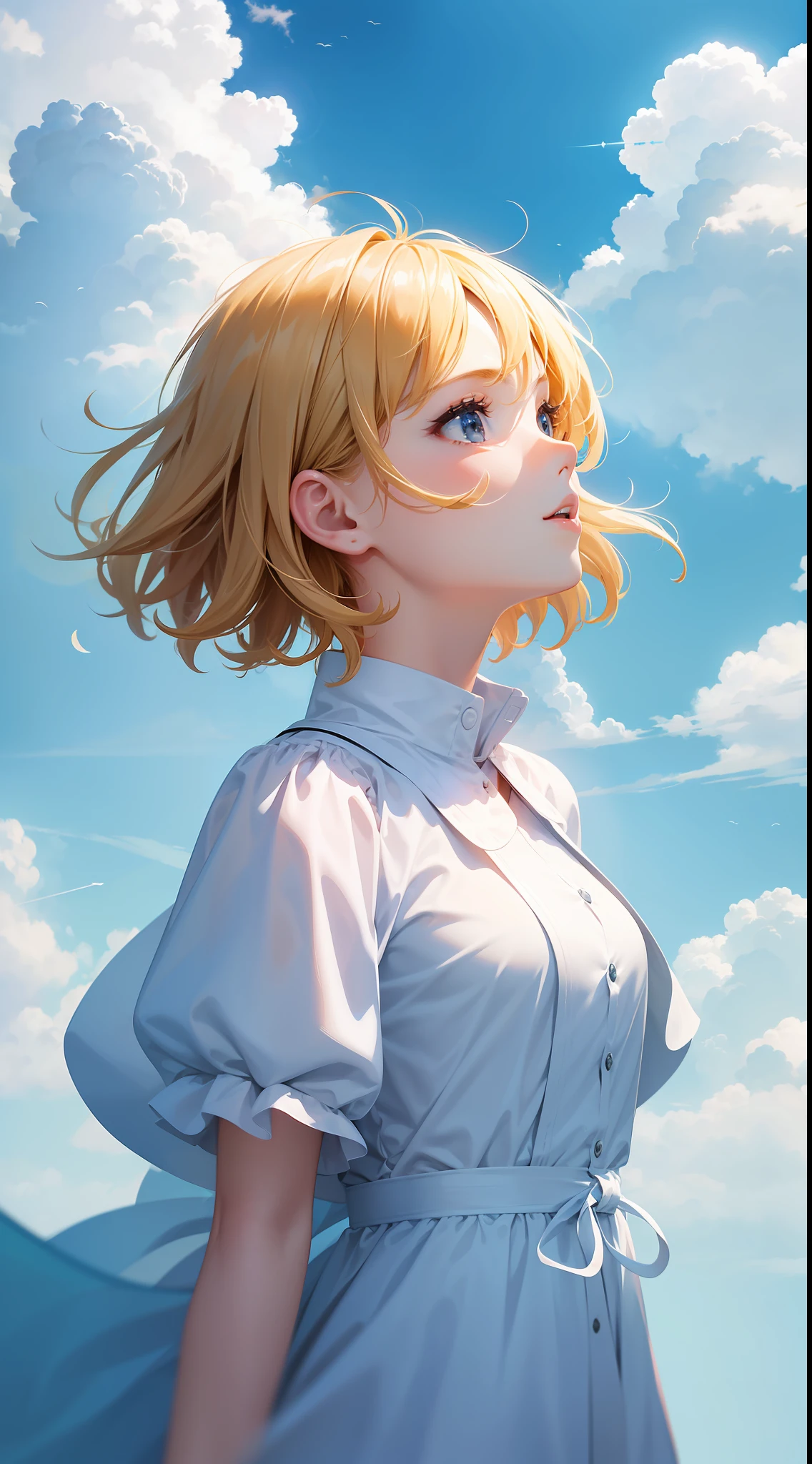masterpiece, best quality, movie still, 1girl, floating in the sky, cloud girl, cloud, (close-up:1.1), bright, happy, fun, soft lighting, (Bauhaus, shapes, lines, abstract:1.1)