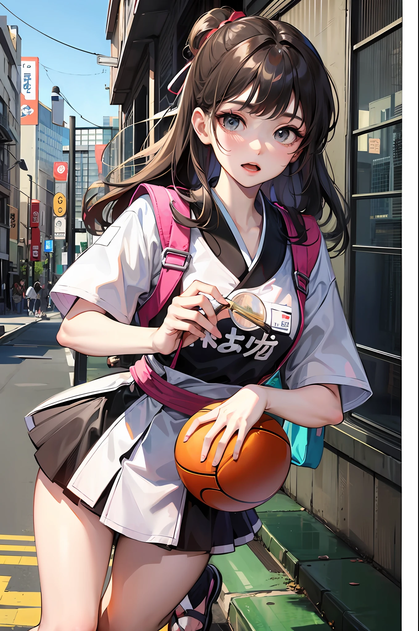 Japanese comic style, 1girl, JK, yo, play backetball, outdoor --auto --s2