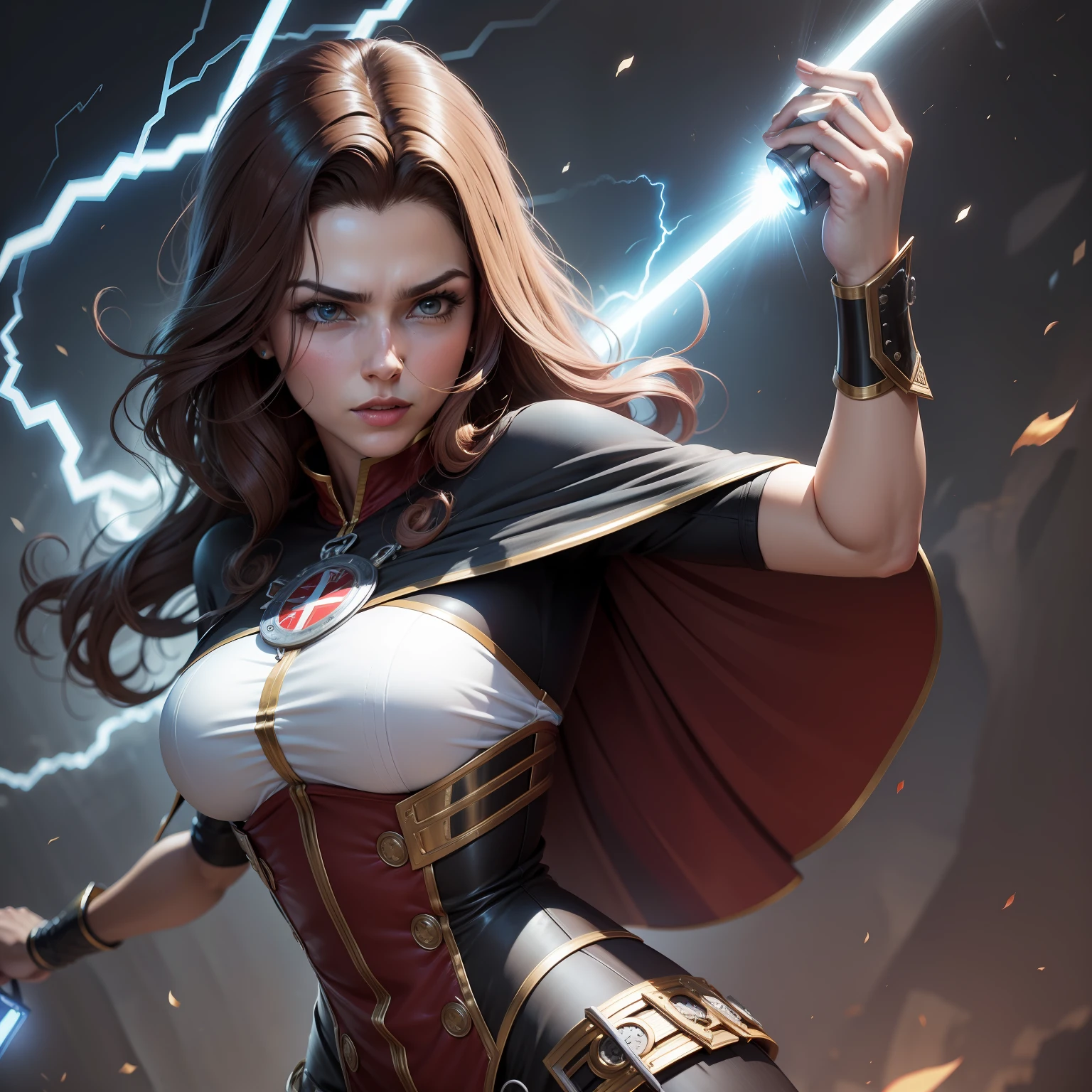 Mago homem pele clara cabelo ruivo espada metal cajado madeira poderes eletricidade