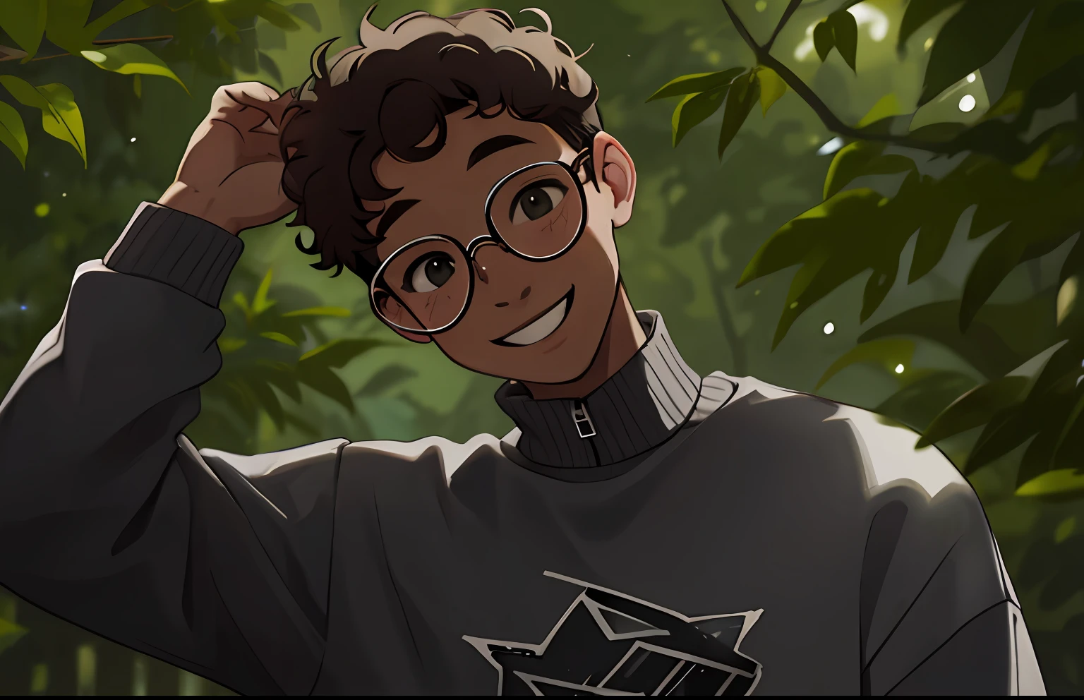 curly hair man in a grey sweatshirt, wearing round glasses and smiling