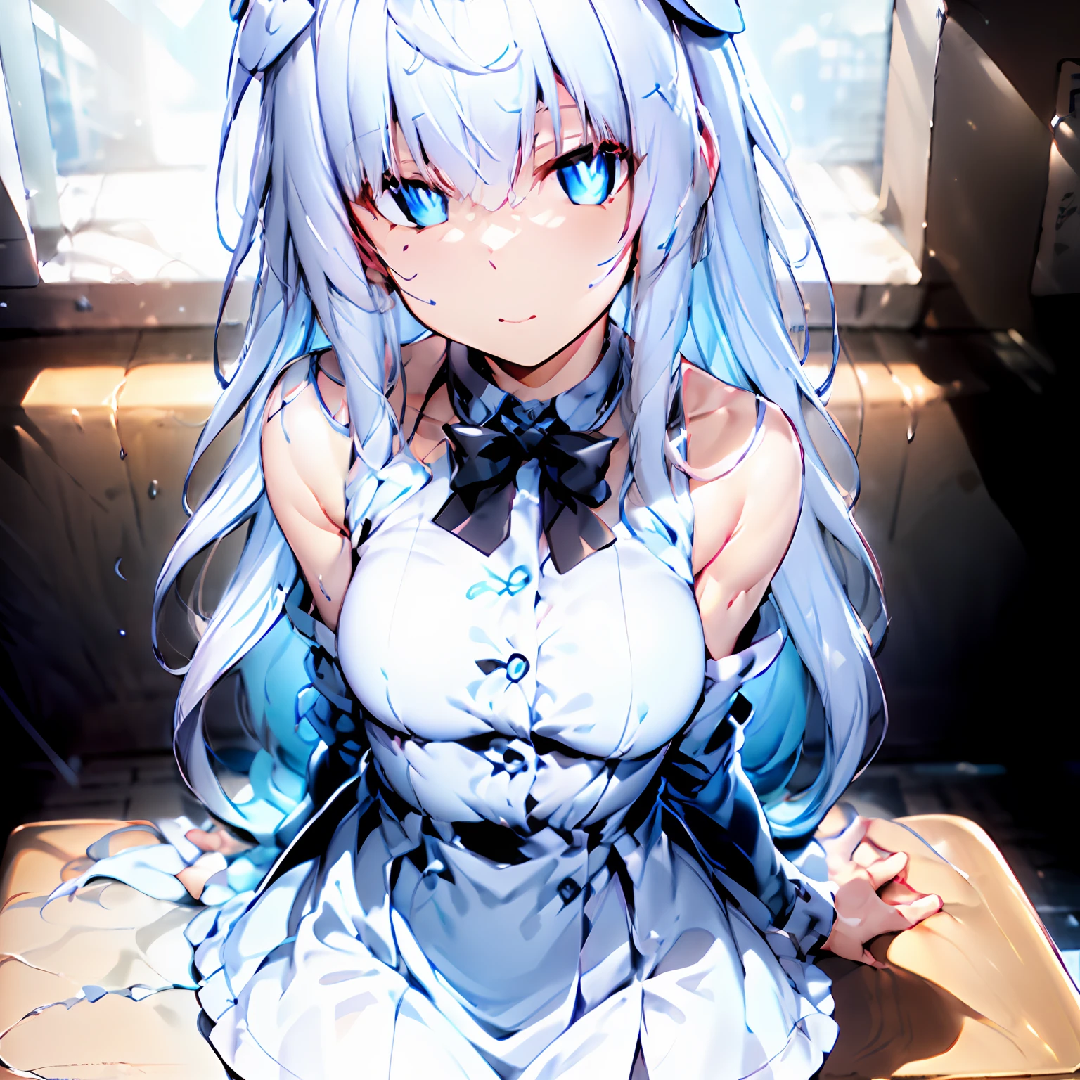 masterpiece, best quality, ultra-detailed, illustration, warm lighting, bright colors, 1girl, solo, horizon, blue eyes, (white hair), hair ornament, hair between eyes, headgear, very long hair, messy hair, expressionless, looking at viewer,

sitting, cafe,

day, sunshine, casual, relaxed, casual wear, white dress, (sleeveless), sleeveless white dress, facing viewer, 

horizon a beautiful girl having a date at a cafe, sitting across from me.