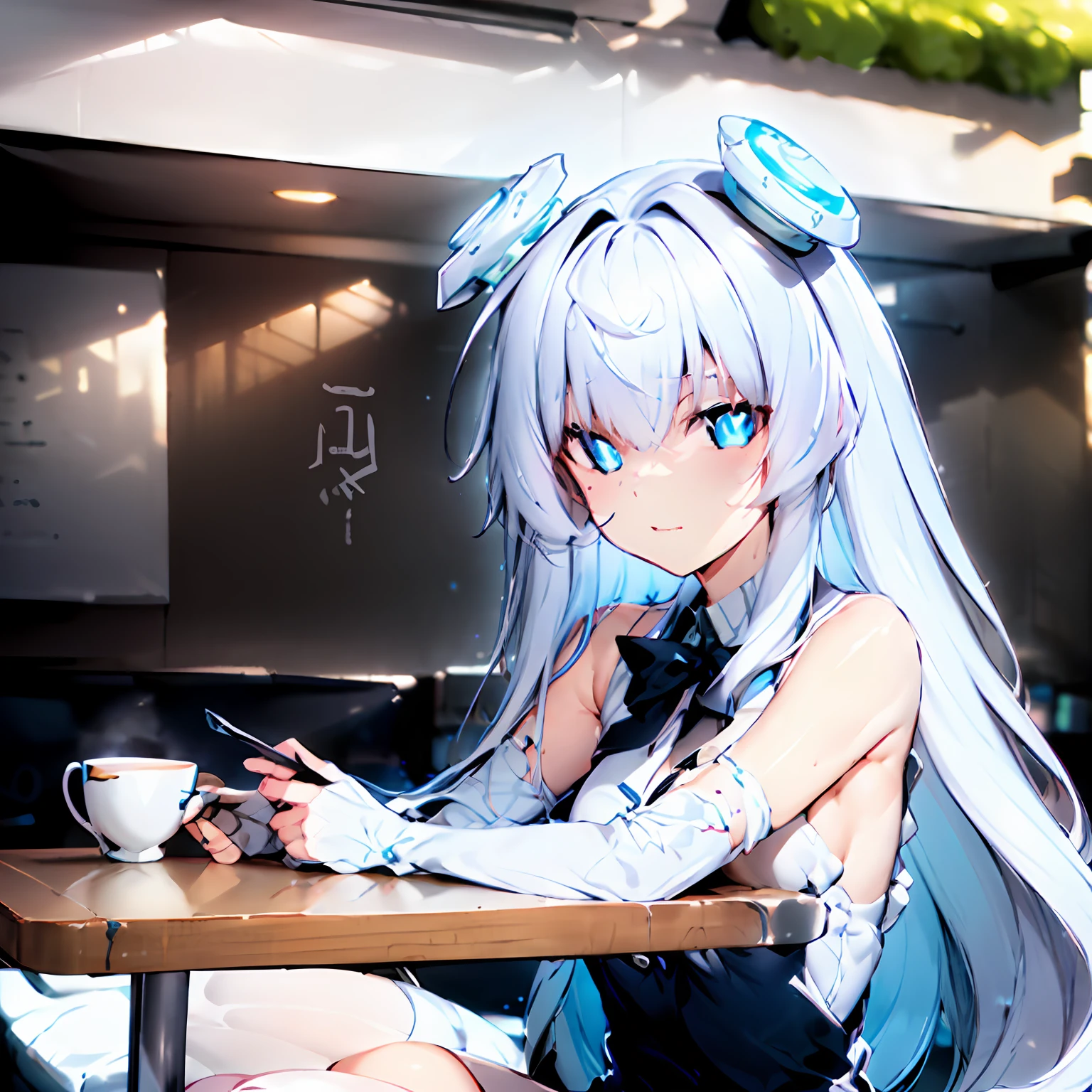 masterpiece, best quality, ultra-detailed, illustration, warm lighting, bright colors, 1girl, solo, horizon, blue eyes, (white hair), hair ornament, hair between eyes, headgear, very long hair, messy hair, expressionless, looking at viewer,

sitting, cafe,

day, sunshine, casual, relaxed, casual wear, white dress, (sleeveless), sleeveless white dress, facing viewer, 

horizon a beautiful girl having a date at a cafe, sitting across from me.