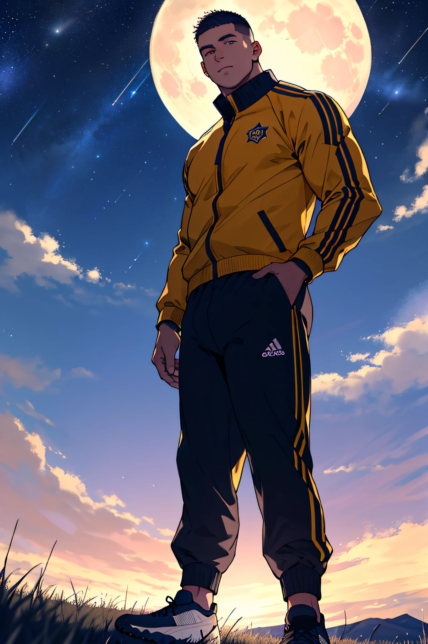 Draw a full-fledged footballer，Standing on the steppe at night，He was wearing a tracksuit，The man looks confident and determined，looking-down，Crew cut，full bodyesbian，Stars dot the sky，shooting from below，Big moon highlights background