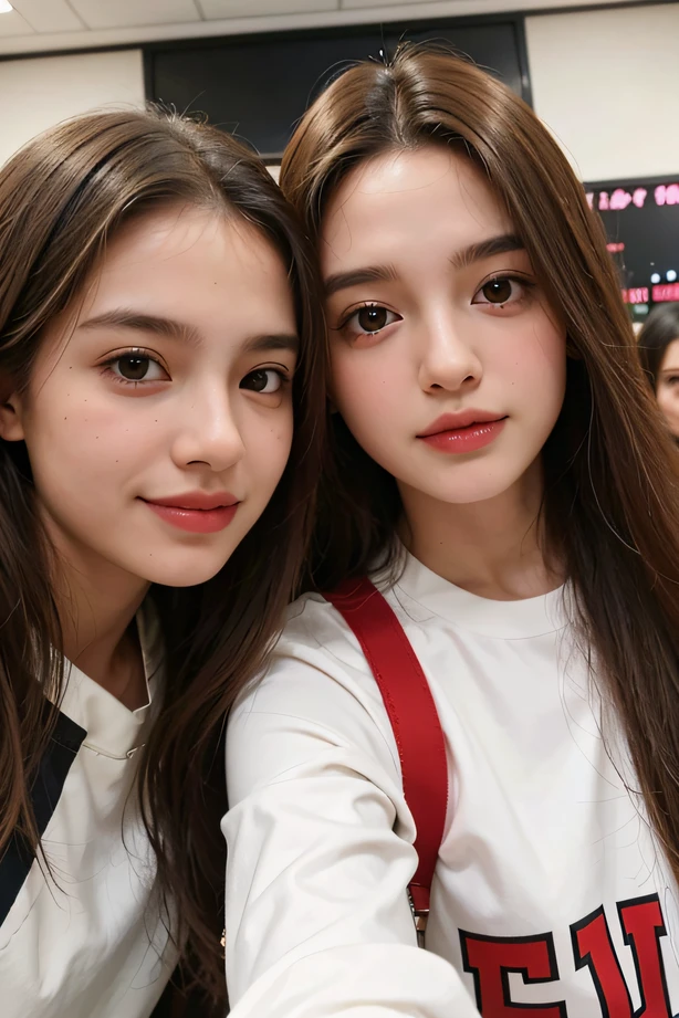 two young girls taking a selfie with their cell phones, cute girls, gorgeous faces, closeup faces, 8k selfie photograph, beautiful gemini twins portrait, selfie shot straight on angle, beautiful faces, two girls, selfie photo, isabela moner, beautiful girls, gorgeous young model, close up potrait, young girls, modeling for dulce and gabanna