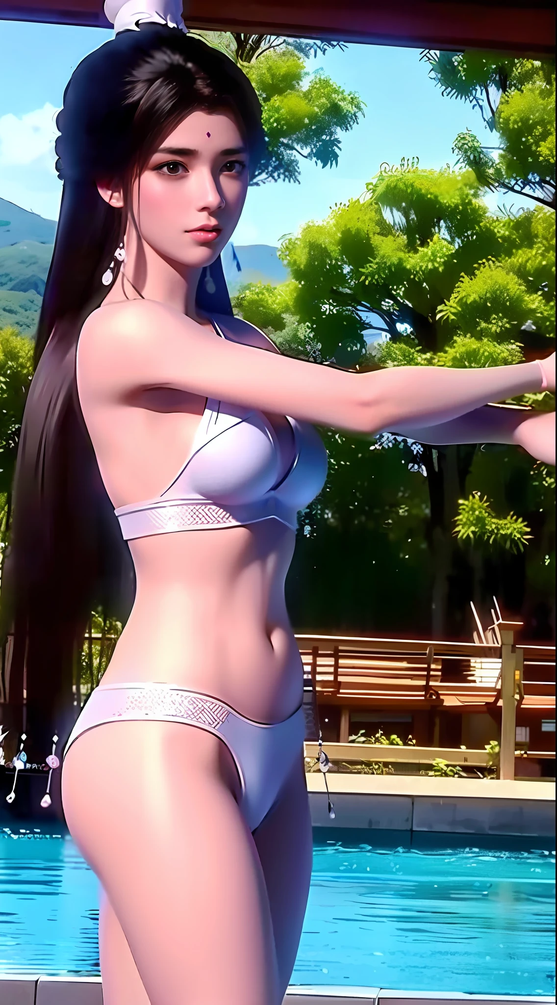 A girl,brunette color hair,long whitr hair,Milky bikini,Cowboy photos,dynamic angle,Onsen background,taking a shower,The water bath is very realistic,(8k,RAW photos,best qualtiy,tmasterpiece,Need)