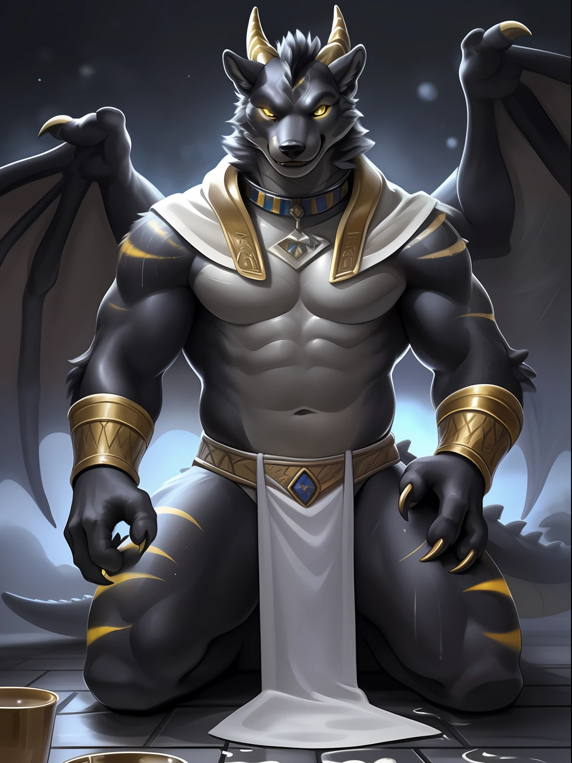 Solo, Male, (Muscular), sacrifices, (male anthro wolf):1.3, Pure black body,Kneel, (Kamimei):1.3, (komono:1.4) (DOA):1.23, (, Pure white loincloth wearing，white bathrobe）, Detailed eyes, lizard tail,A pair of dragon horns, A pair of dragon wings，((half-body portrait)), (Detailed eyes, Yellow eyes are always red, Black skin，Yellow stripes，Sharp claws，Cute beast claws，drools，Fluid spills from the lower body，Milk spilled all over the floor，Egyptian costumes，Egyptian totem，Abinus，glowing light eyes):1.1, (exteriors:1.35), altar, firey, fumo, In the bath, the night,foggy atmosphere， Be red in the face，Kneel，Collar，Chains bind hands and bodies，submit to，drunk，enjoying，looking to the camera，having fun（Particle，glowworm，blue glowing）：1.3，detailedbackground，realisticlying，realistic hand，8k hdr，（Dark shadows，Wide dynamic range，hdr，low-light：1.2），author（pino daeni，（author：by ruaidri），author：virtyalfobo）