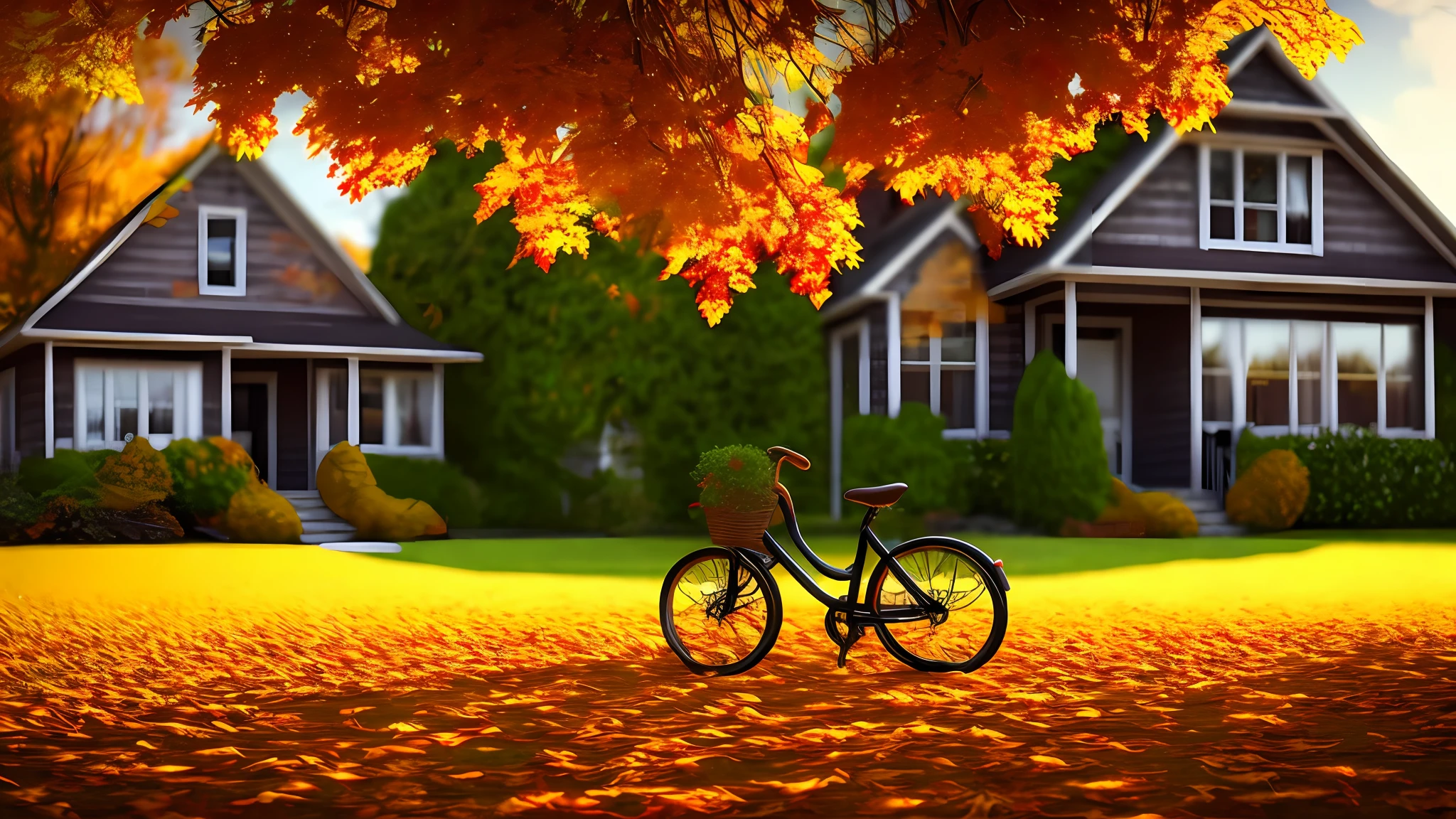 A lawn with lots of autumn leaves lots of Halloween pumpkins autumn trees beautiful cinematic scenery masterpiece in the background an old house in front a boy riding a bicycle ultra realistic well detailed intricate photorealistic 8k sharp focus great quality great resolution depth of field 1.6 great sharpness great composition