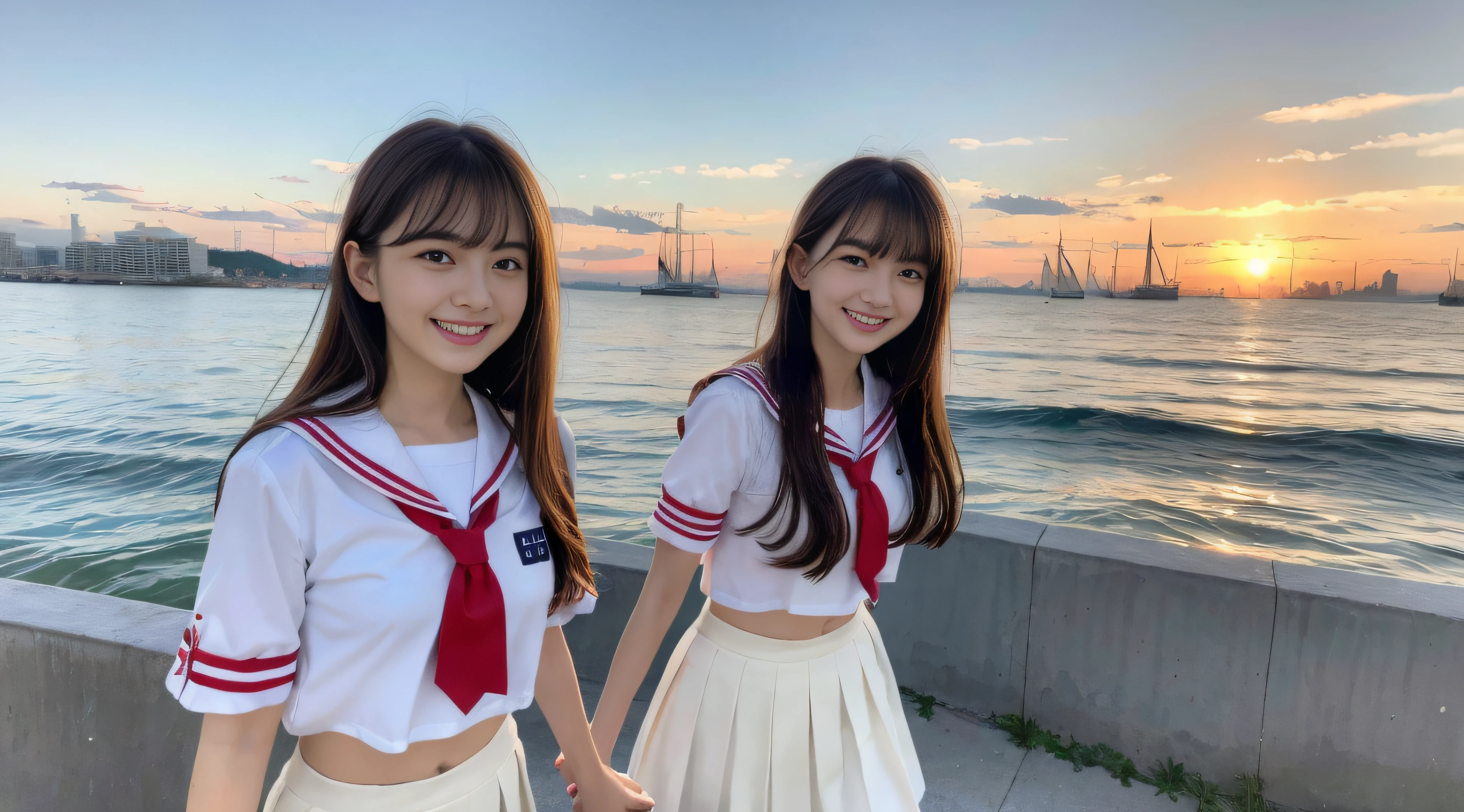 (8k, RAW photos, top quality, masterpieces: 1.2), super detail, super resolution, (real, real photos: 1.37), frolicking by the water, full body shots, full body photos, high resolution RAW color photos, professional photos, sun beach, emotional scenery, very detailed and beautiful, super high image quality, 8k wallpapers, amazing details, huge file size, very detailed beautiful girls, very detailed faceVery detailed eyes, very realistic skin, Very detailed fingers, Very detailed nose, Very detailed mouth, Perfect anatomy, Very detailed background, Very detailed clothes, Teen, Pretty girl, Famous Japan idol, Cute, Realistic body, Slender, White skin, Glowing skin, Slim body, Long straight hair, (dull bangs:1.2), Realistic face, Delicate eyes, Double eyelids, Sailor suit, red tie, pink eye shadow, high school girl Friend Smiling hair, after school Beautiful sunset Beach brown hair Energetic belly button out High school girl youth Celebrity-level cuteness Frolicking with multiple high school girls Looks fun A figure full of smiles, open arms facing us, adorable smile