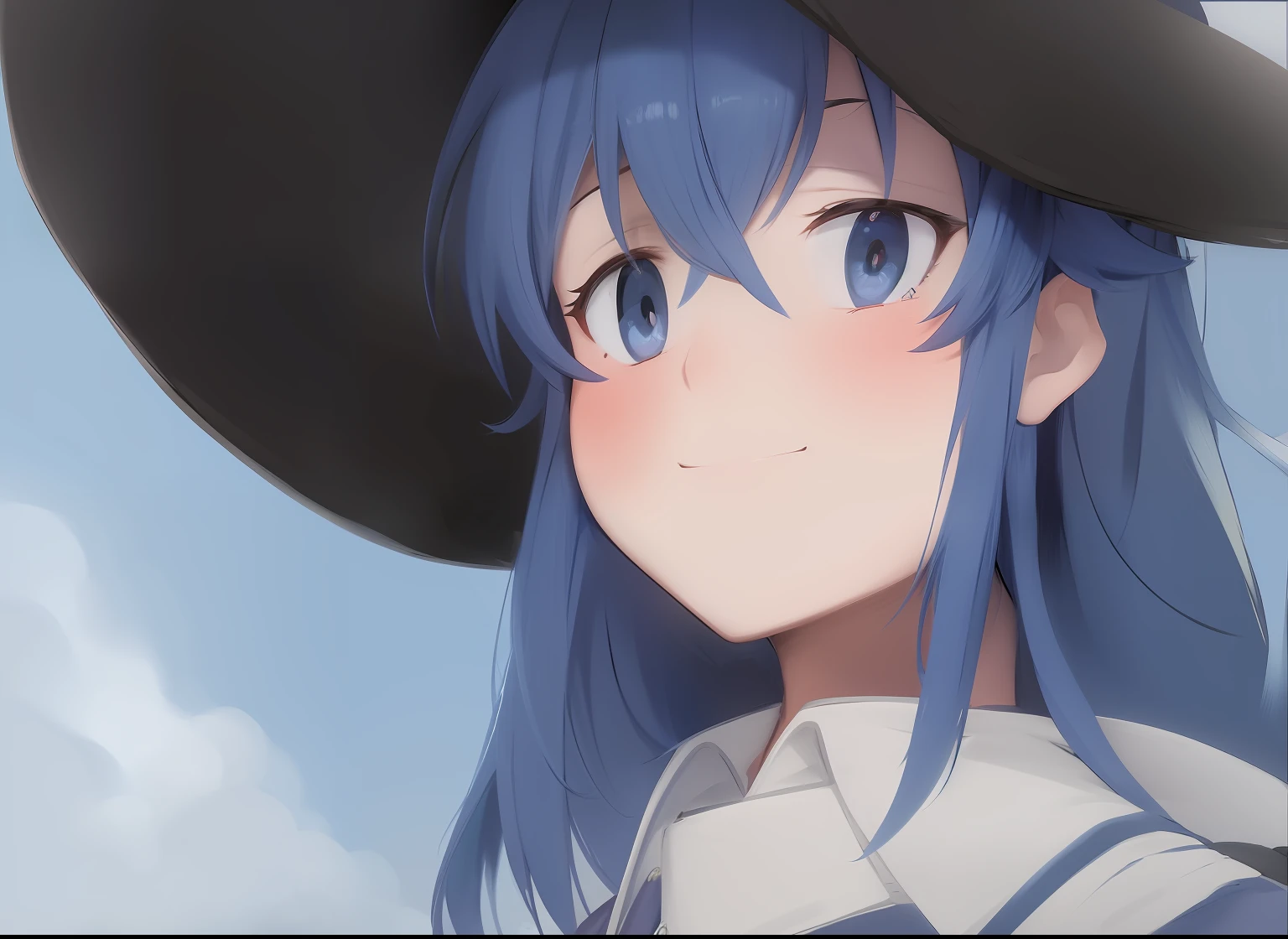 Loli in a black magician hat,Blue hair and eyes,White collar,Look up,Light smile,The background is blue sky。The upper left corner is also part of the black magic hat