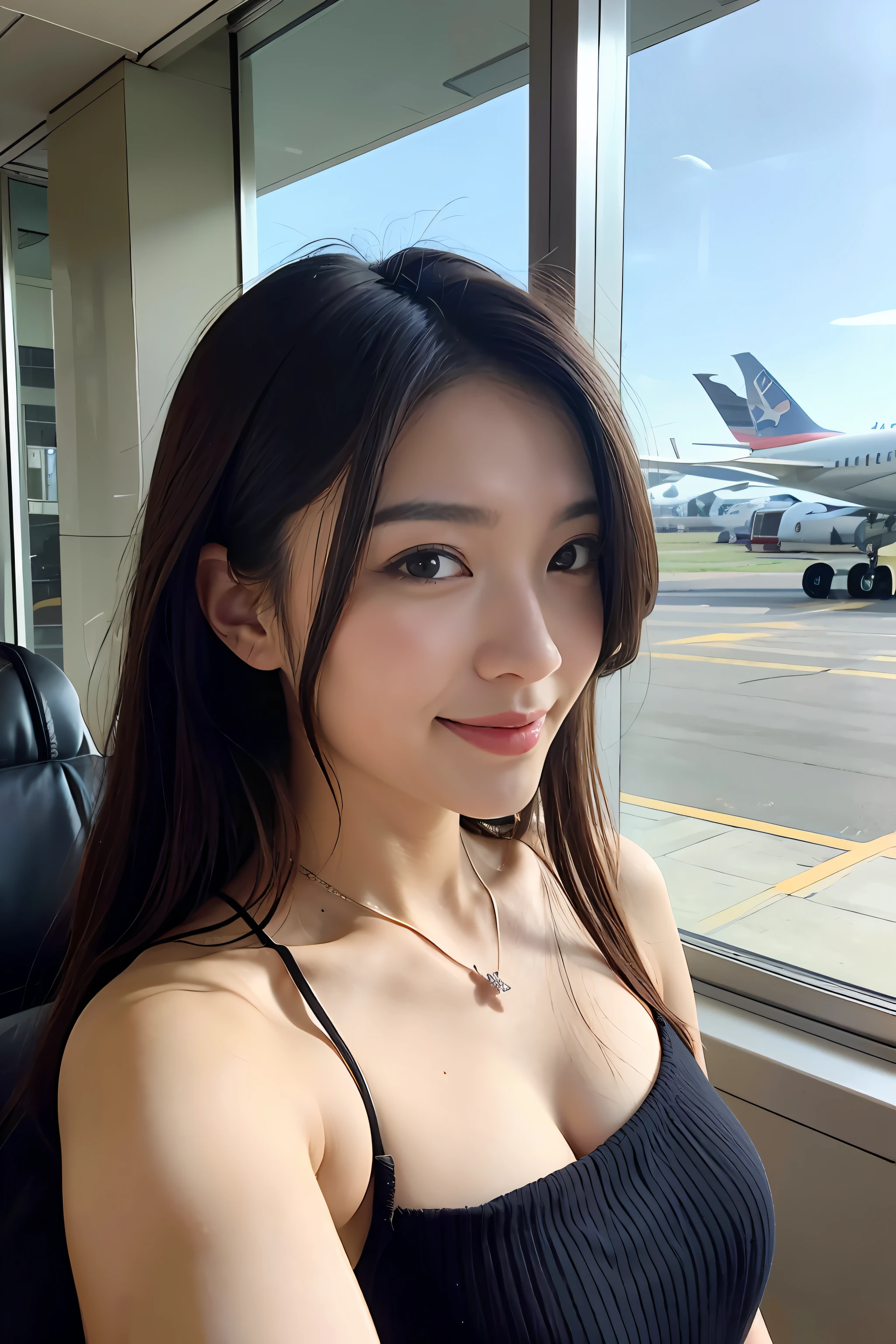 (masutepiece:1.3)、(8K、photographrealistic、Raw photography、top-quality: 1.4)、super definition、Anatomically correct、Textured skin、((1girl in、Solo))、((Shooting for one person only))、Beautiful expression、(Realistic face)、Korean model(A dark-haired、Center division、long:1.3)、Chinese models(A dark-haired、Center division、long:1.3)、More Korean than Chinese、Realistic eyes、real looking skin、Beautiful details、Beautiful skins、A charming smile、High resolution、(Hyper-realistic)、Anatomically correct、Textured skin、Sharp jawline、Perfect proportions 、(Plump bust)、Necklace、 (selfie photo)、(Departure Lobby)、(Narita Airport)、(Planes) 、Travel abroad 、(Airplane seen through glass)、(Sleeveless dress)