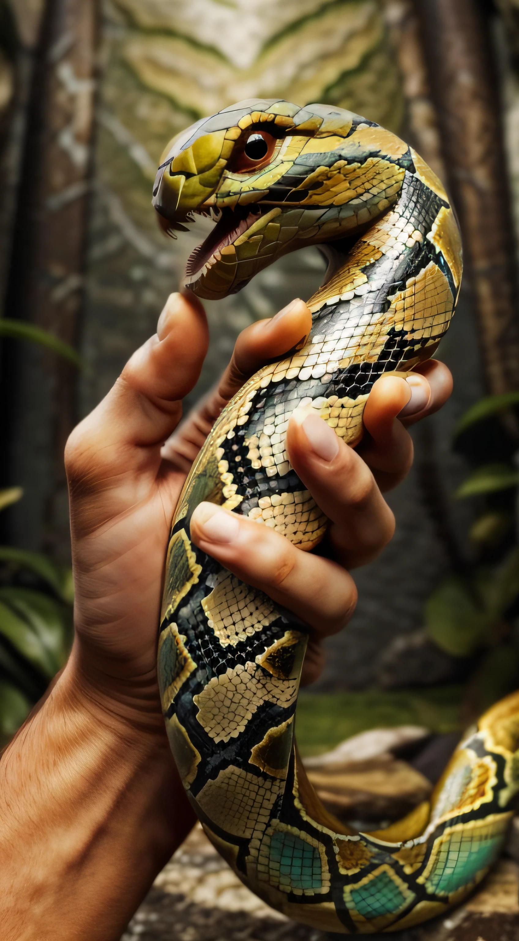 snake biting female hand, no celeiro da fazendo, close no olhar da cobra, olhos bonitos. max quality, fundo desfocado.