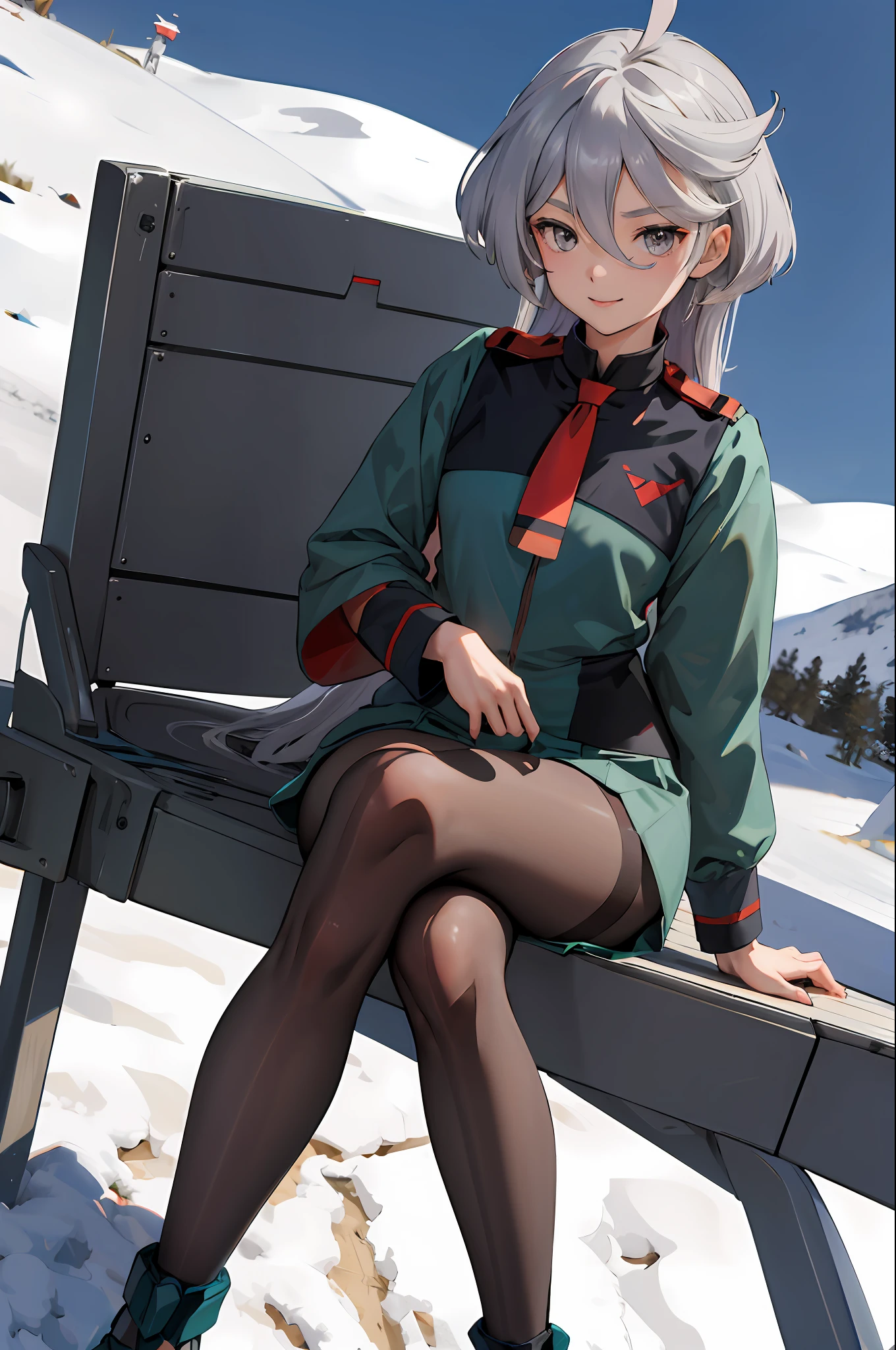 masterpiece, best quality, highres, miorine1, 1girl, miorine rembran, asticassia school uniform, solo, long hair, grey eyes, grey hair, ahoge, seamed legwear, green shorts, necktie, bangs, hair between eyes, black pantyhose, long sleeves, green jacket, floating hair, red necktie, outdoors, chair, sitting, crossed legs, smile, (gundam:1.2),