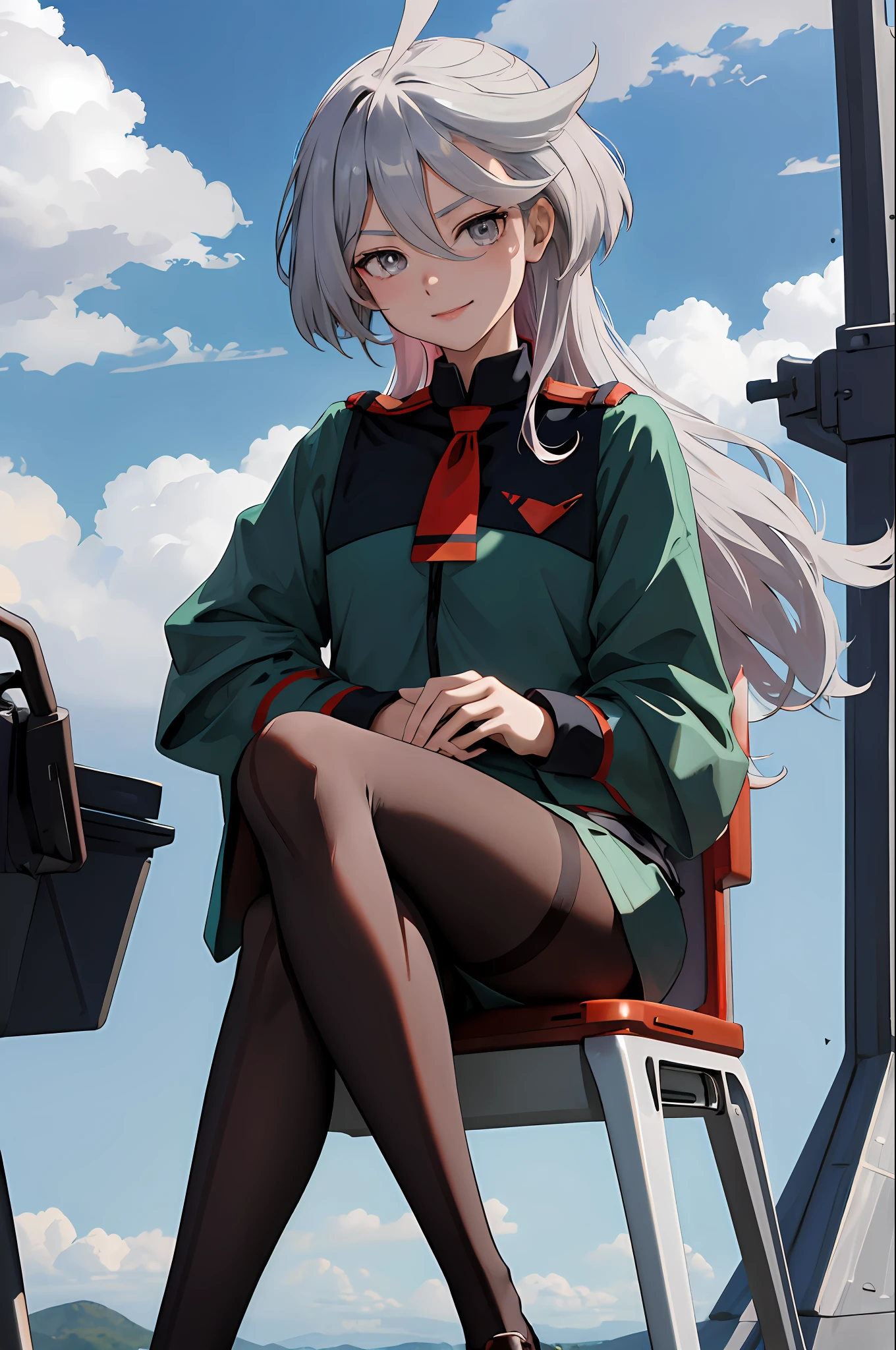 masterpiece, best quality, highres, miorine1, 1girl, miorine rembran, asticassia school uniform, solo, long hair, grey eyes, grey hair, ahoge, seamed legwear, green shorts, necktie, bangs, hair between eyes, black pantyhose, long sleeves, green jacket, floating hair, red necktie, outdoors, chair, sitting, crossed legs, smile, (gundam:1.2),