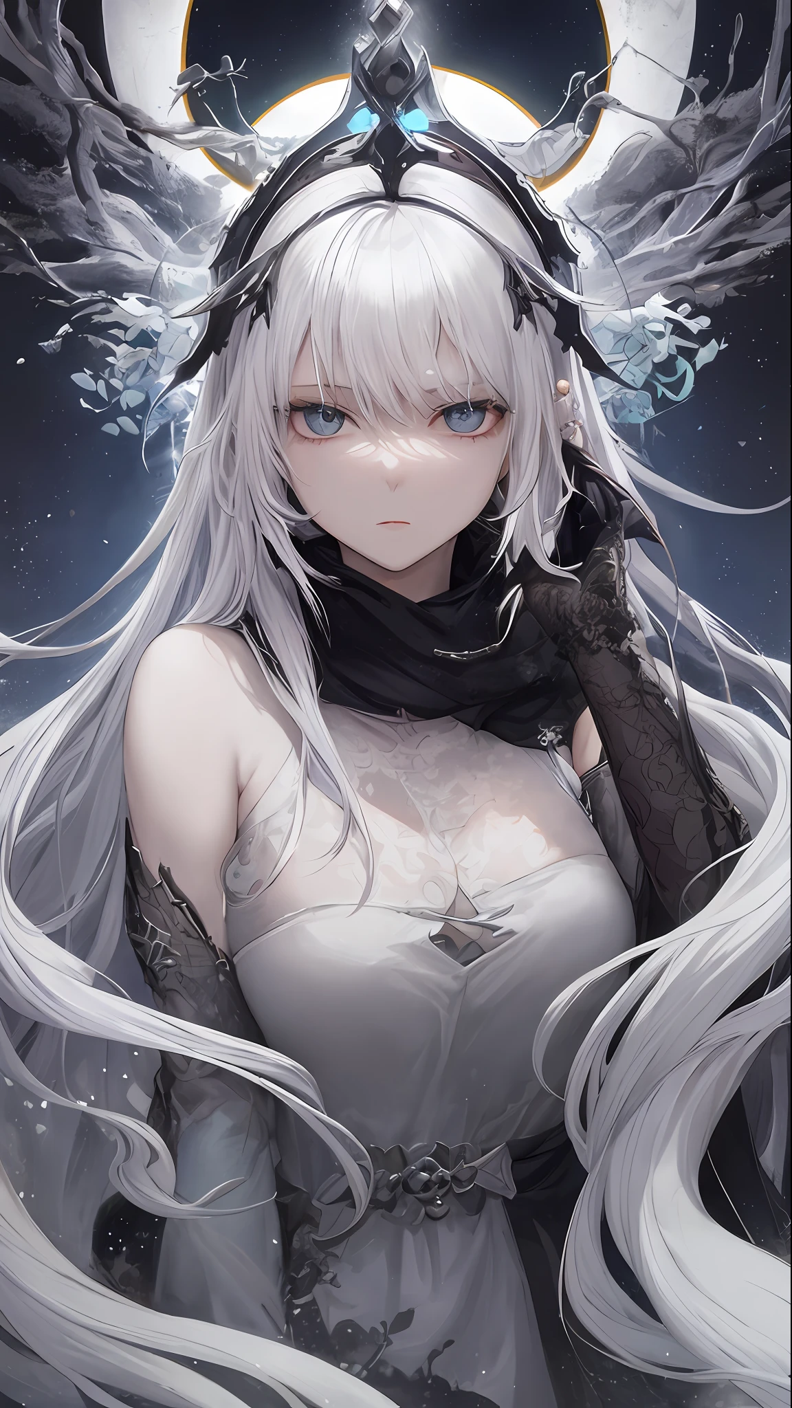 a close up of a woman with a white hair and a black scarf, a character portrait by Yang J, pixiv contest winner, fantasy art, white haired deity, beautiful character painting, artwork in the style of guweiz, the piercing stare of yuki onna, guweiz, with white long hair, with long white hair, flowing hair and long robes