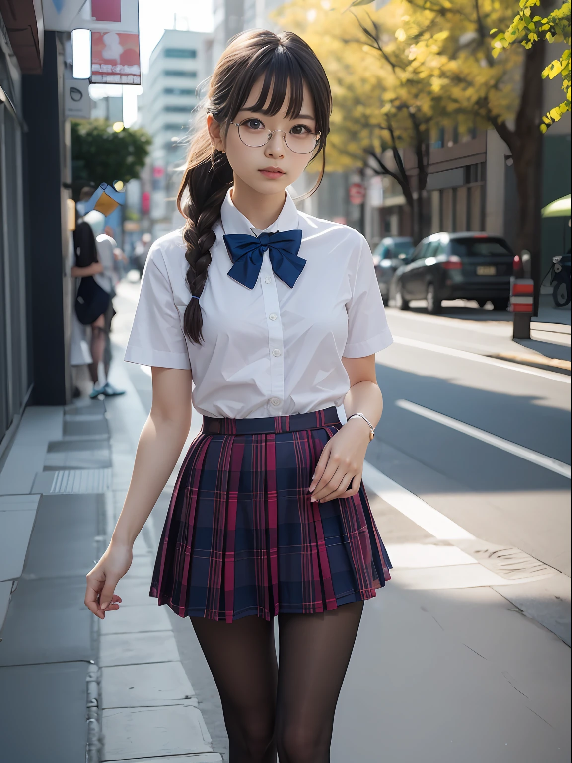 （8K、Raw photography、top-quality、​masterpiece：1.2),watching at viewers,Looking at the front,side poneyTail、Single braid、Bullish,Muchimuchi,Erotic,Pupils,Light Blue Bra,de pele branca,kne,(Black pantyhose),absurderes,a small face,small tits,flat breast,Parting the bangs from the middle、Forehead visible,(a cold expression,Tight eyes,glares,Bullish,skinny,Rasping,irate)、​masterpiece,top-quality、超A high resolution,Raw photo,ren,Beautiful fece,One Person, 独奏,eye glass,,Dark look,Small breasts,fullllbody,Round glasses、cute little、Back to Student,JK school uniform,hi-school girl,A Japanese Lady,is standing,（Photorealsitic：1.37）、Photon mapping,Realistic、Cute little face,Brown-eyed、Black socks、(Red bow tie)、Radio City、Physically Based Rendering、Foreground、depth of fields、Blurry background、a picture,The girls、Body,beauty legs, Long legs, Thin leg,Tie your hair into one strand on your chest,(Bangs are visible), hair, s lips, Blue_The eye, nosesoft,(Light blue shirt), (Navy and blue and white plaid pleated skirt), Knees are visible,Sheer clothing,, Thigh, Black cotton socks,Nogizaka Idol, 女優, Japanese ido