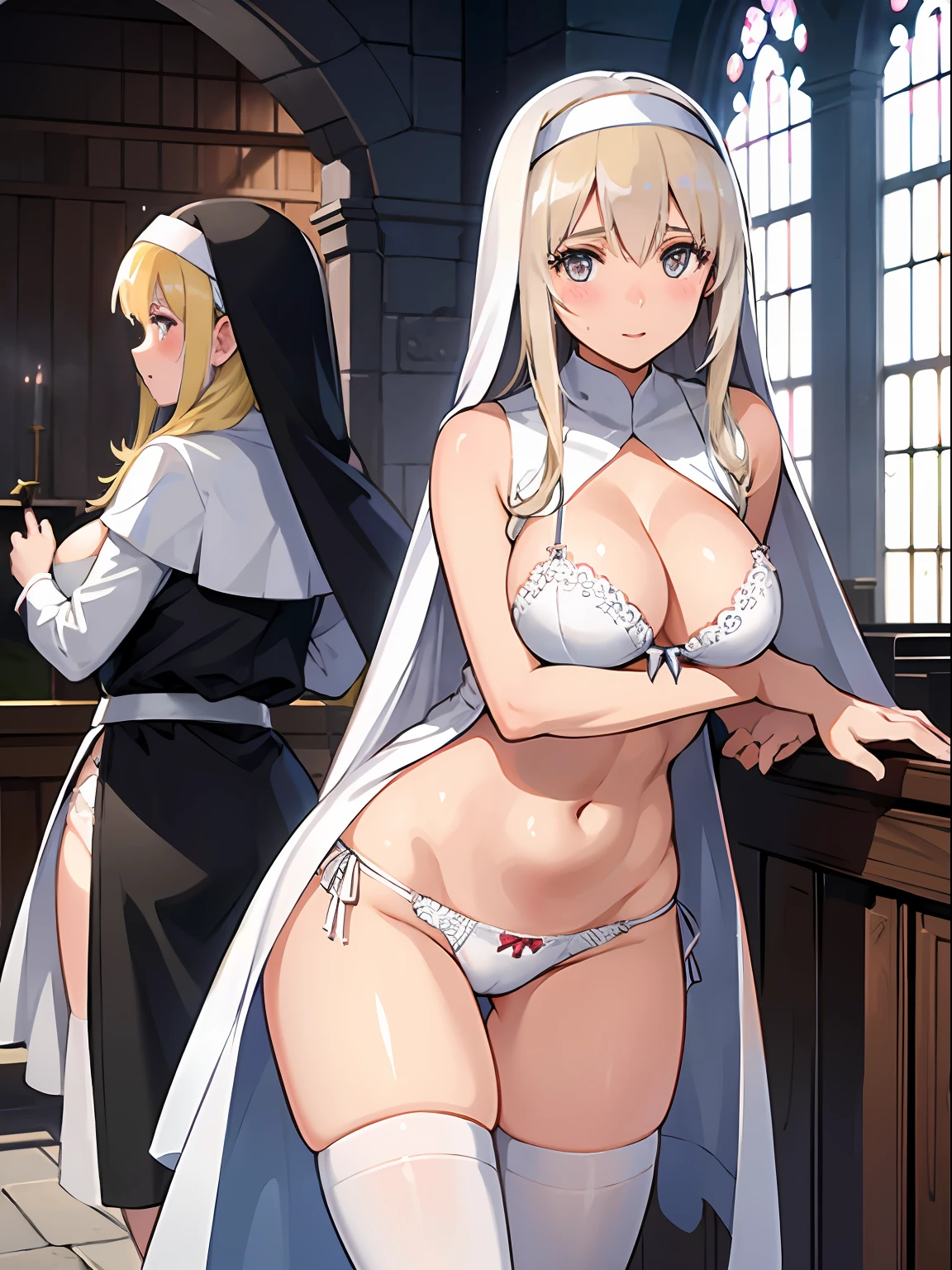 nun,large breasts,(((mature female,adult female))),25 years old,long hair,church,thong, 1girls,(skirt),white nun dress,thighhighs,happy,blush,(white bra,white panties), undressing,outdoor,wind lift skirt,groin,happy,blush,cleavage