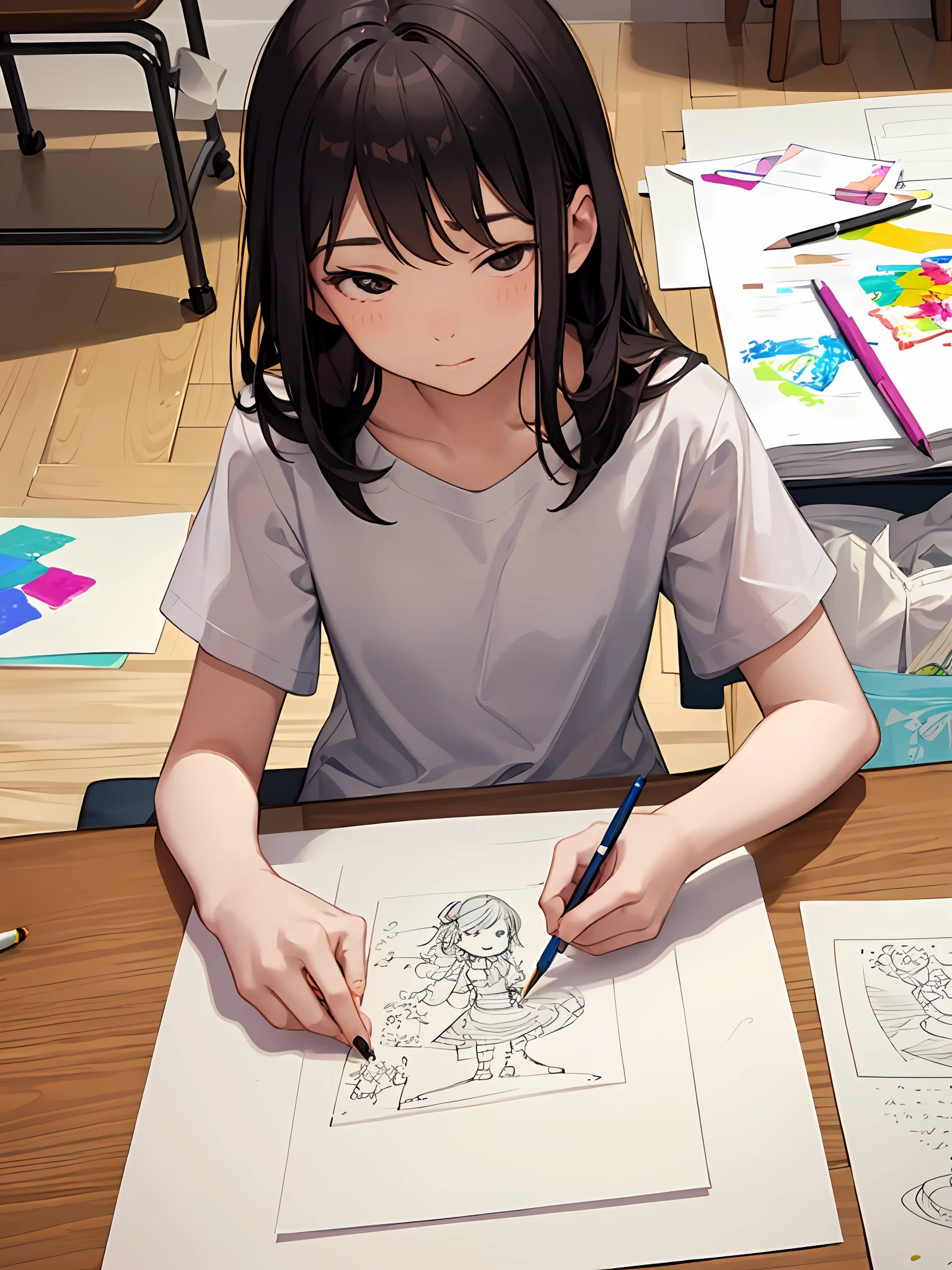 there is a young girl sitting at a table writing on a piece of paper, child drawing, kid drawing, writing a letter, kid, an artistic pose, drawing pictures on a notebook, young asian girl, hand-drawn, hand - drawn, kids drawing, kid's drawing, student, drawing for children, on medium grade paper, kids, holding pencil, carefully drawn