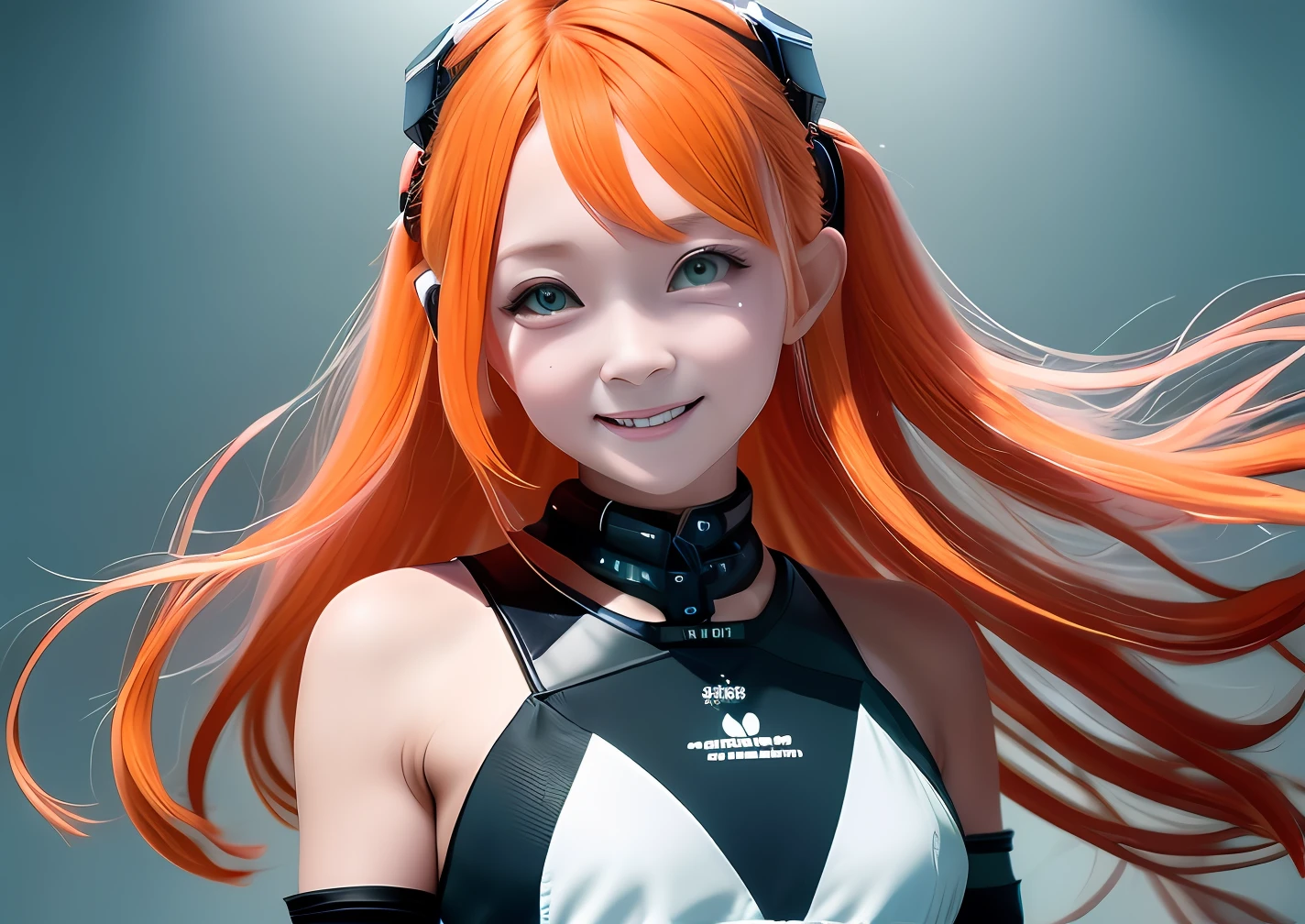 A high resolution, Masterpiece, Best quality, 1girll, Simple background, Game CG, Ultra detailed, Cinematic lighting, High contrast, Sharpen, arknight, Orange hair, Pixel fan tray, Skinny, Floating hair, Tall, Detailed clothes, Smile, Aqua Eye