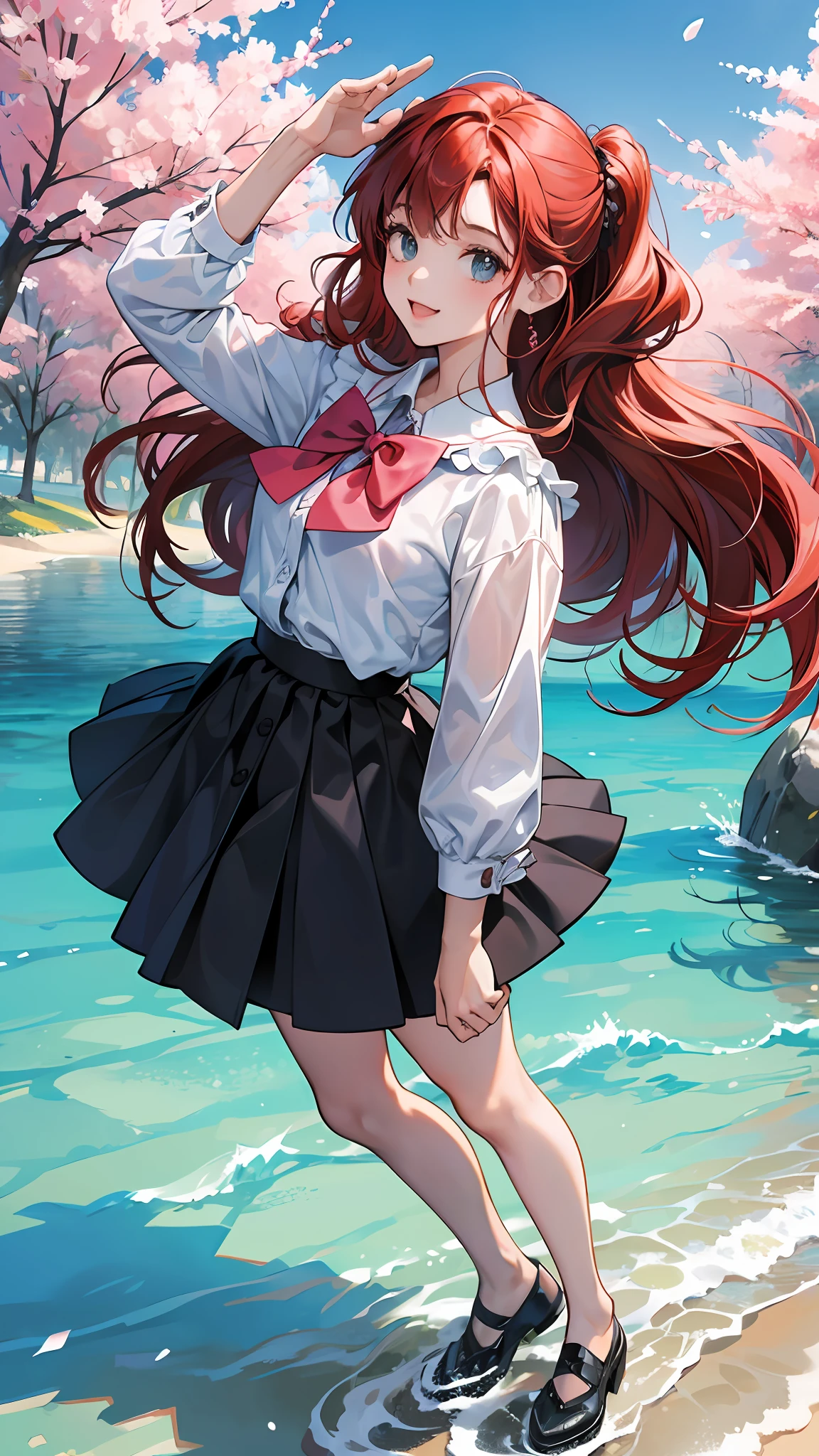  9 anos.. personagem para capa de ebook infantil. Curly and red hair up to the shoulder. Bow on pink head. Olhos castanhos e grandes. pele branca. mesmo personagem. wearing dark blue skirt and white blouse as high school uniform. Meia branca e sapato preto. various poses, same character hates reference, On an island paradise, muitas praias, crystal water, barcos, , felizes, felizes, de qualidade perfeita, meninastas, lateralmente, Attracted, lateralmente, lado a lado, fisionomia diferente da face.Foco claro (desordem - casa: 0,8), (obra-prima: 1,2) (realista: 1,2) (Bokeh) (melhor qualidade) (pele detalhada: 1,3) (detalhes intrincados) (8k) (olhos de detalhe) (foco nítido), (Feliz)