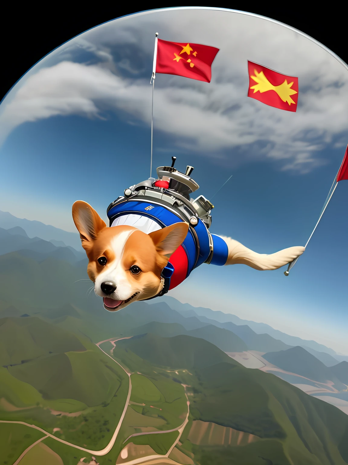 All the time the corgi flew over the Yangtze River in a spacesuit,The spacesuit is embroidered with the Chinese flag,Corgi has a transparent glass mask on its head。The background is the landscape and urban architecture of Yichang City, Hubei Province