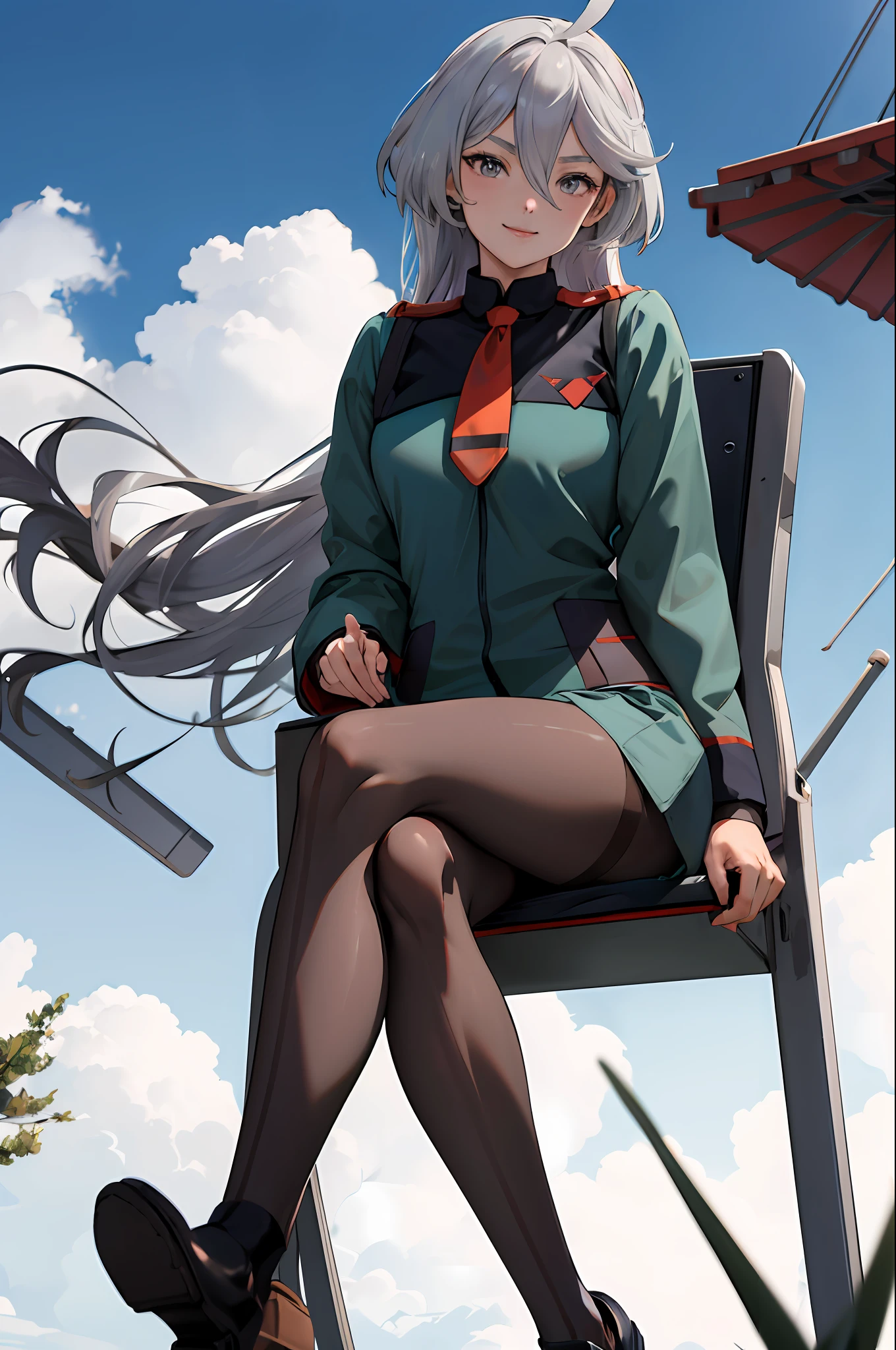 masterpiece, best quality, highres, miorine1, 1girl, miorine rembran, asticassia school uniform, solo, long hair, grey eyes, grey hair, ahoge, seamed legwear, green shorts, necktie, bangs, hair between eyes, black pantyhose, long sleeves, green jacket, floating hair, red necktie, outdoors, chair, sitting, crossed legs, smile, (gundam:1.2),