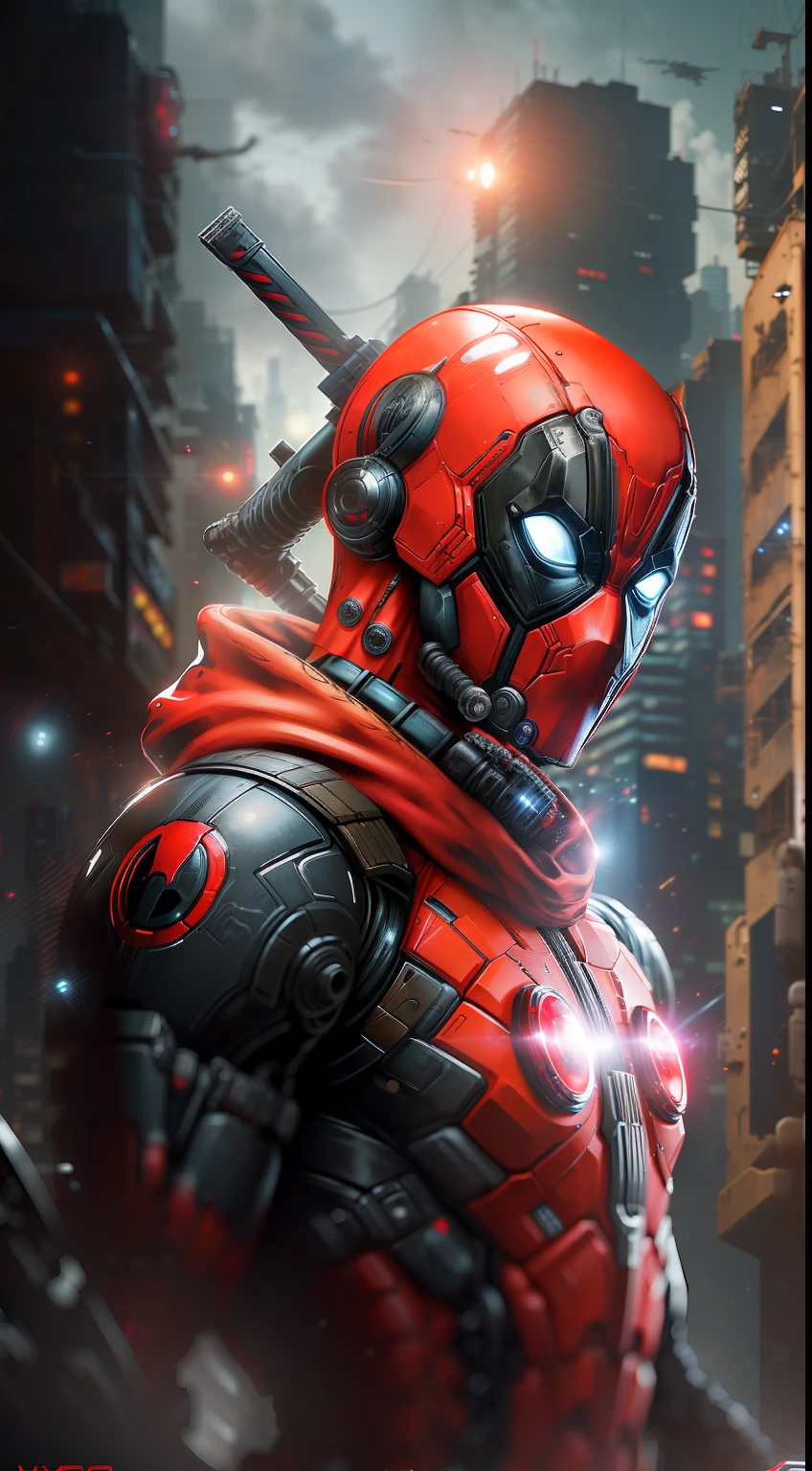 Deadpool from Marvel photography, biomechanics, complex robot, red, full growth, hyper-realistic, crazy little details, incredibly clean lines, cyberpunk aesthetic, masterpiece featured on Zbrush Central, cyberpunk city backdrop