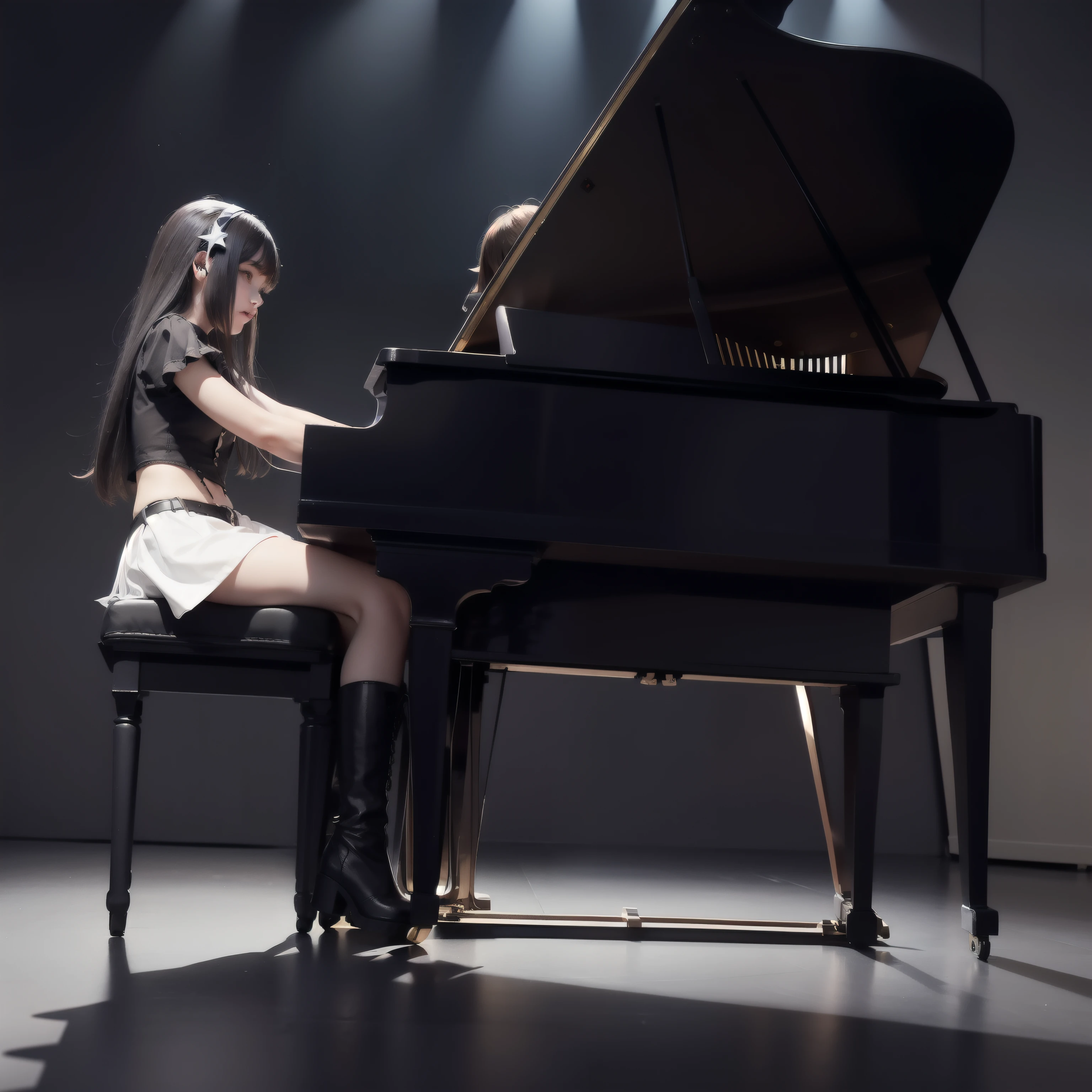 1girl, gothic, (Wednesday Adam style), long hair, sitting on chair, (piano), (playing piano), dark stage, light spot on her, firefly around her, fireboson, boots, black high boots, from side view,