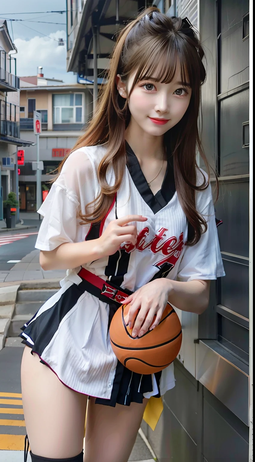 anime girl with a basketball in her hand on a city street, high quality anime artstyle, realistic anime 3 d style, beautiful anime high school girl, anime style illustration, young anime girl, artwork in the style of guweiz, anime moe artstyle, realistic anime artstyle, anime style 4 k, ilya kuvshinov with long hair, an anime girl