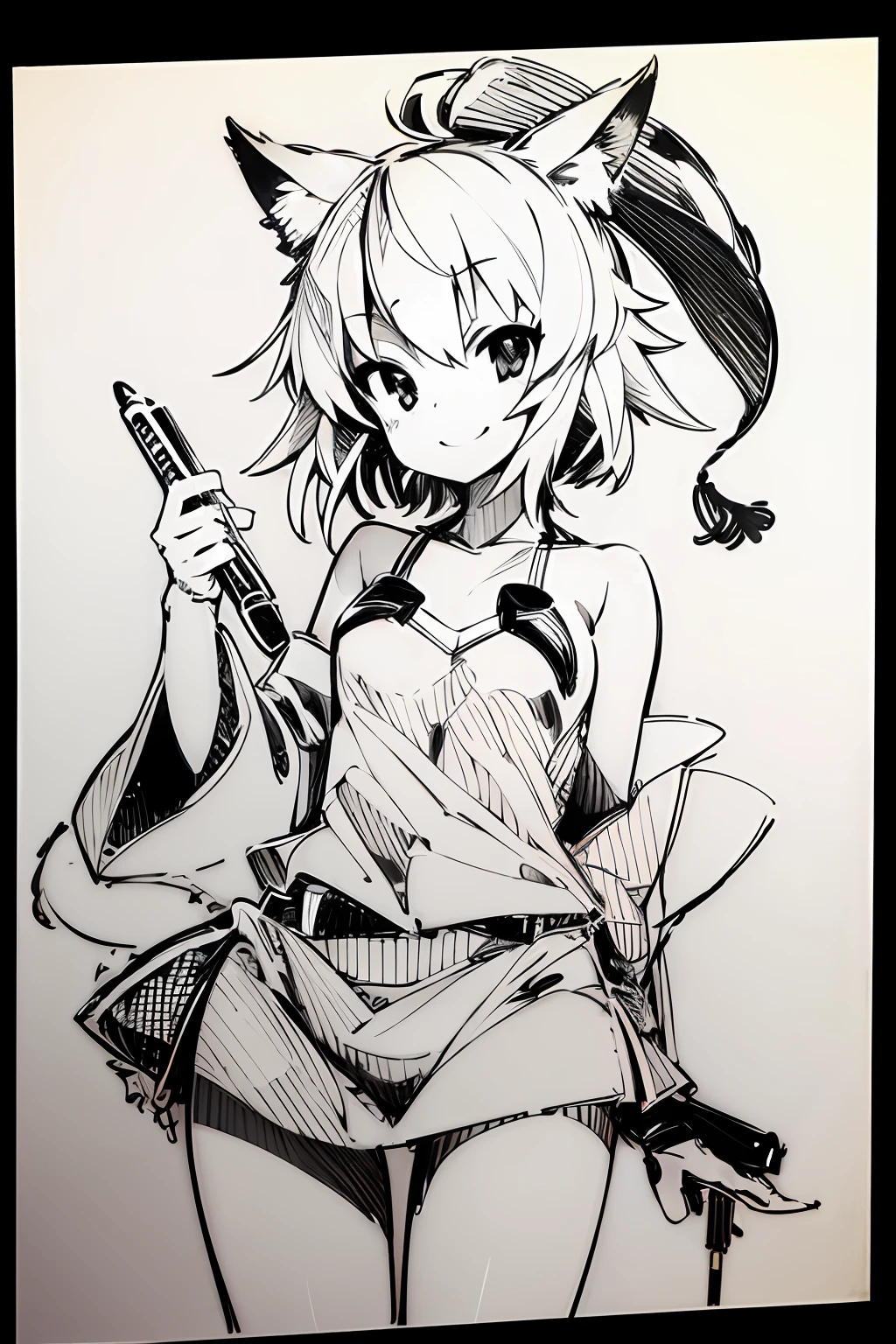 pen_sketch_style, 1girl, solo, ink, sketch, inubashiru momiji, smile