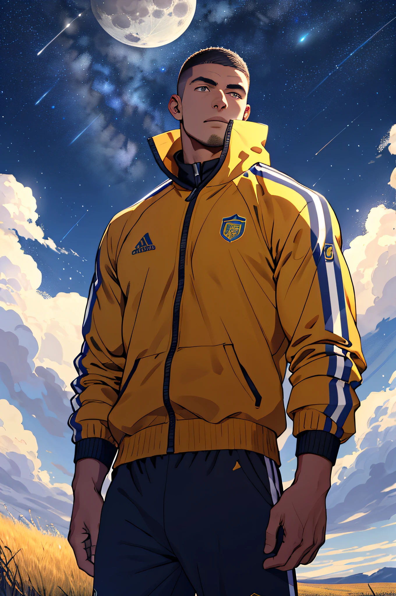 Draw a full-fledged footballer,Standing on the steppe at night,He was wearing a tracksuit,The man looks confident and determined,looking-down,Crew cut,full bodyesbian,Stars dot the sky,shooting from below,Big moon highlights background