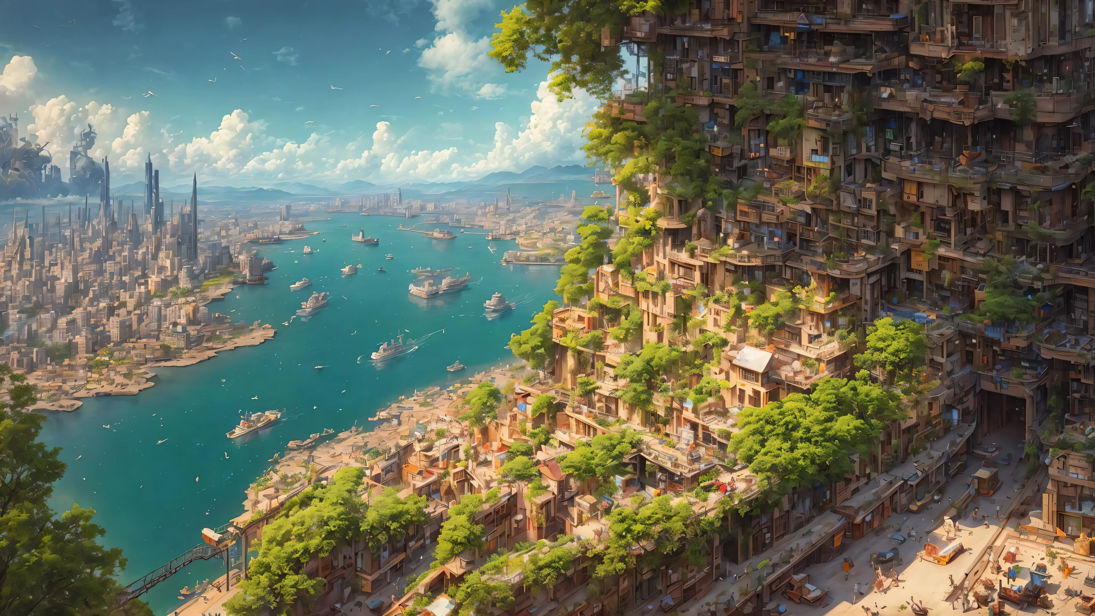 beautiful open kitchen in the style of elena of avalor overlooking aerial wide angle view of a solarpunk vibrant city with greenery, interior architecture, ocean, river, ships, citizens, rampart, rendered in octane, in the style of Luc Schuiten, craig mullins, solarpunk in deviantart, photorealistic, highly detailed, Vincent Callebaut, elena of avalor, highly detailed