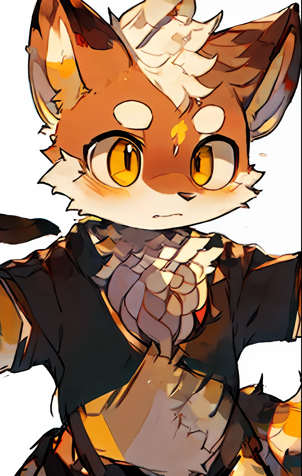 red fox，adolable，Embarrassed expression，Yellow face，Realistic painting style，background town