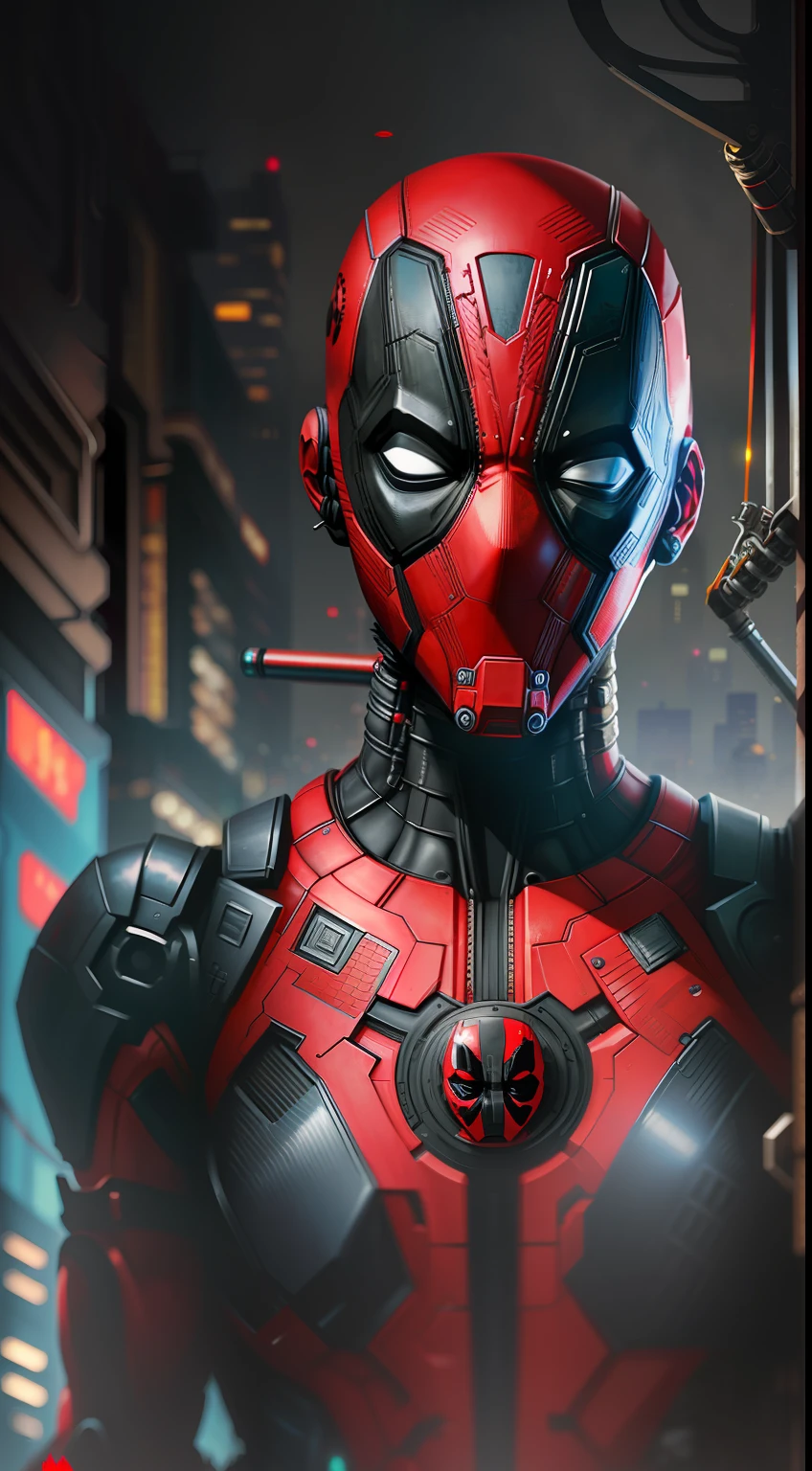 Deadpool from Marvel photography, biomechanics, complex robot, red, full growth, hyper-realistic, crazy little details, incredibly clean lines, cyberpunk aesthetic, masterpiece featured on Zbrush Central, cyberpunk city backdrop