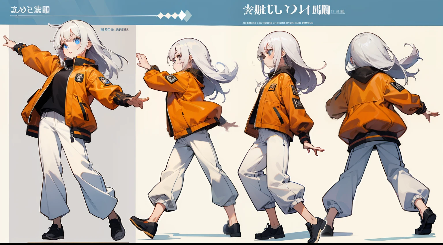 Character sheet with different movements different positions and angles, Long white-haired girl wearing an orange jacket with white pants manga style blue eyes