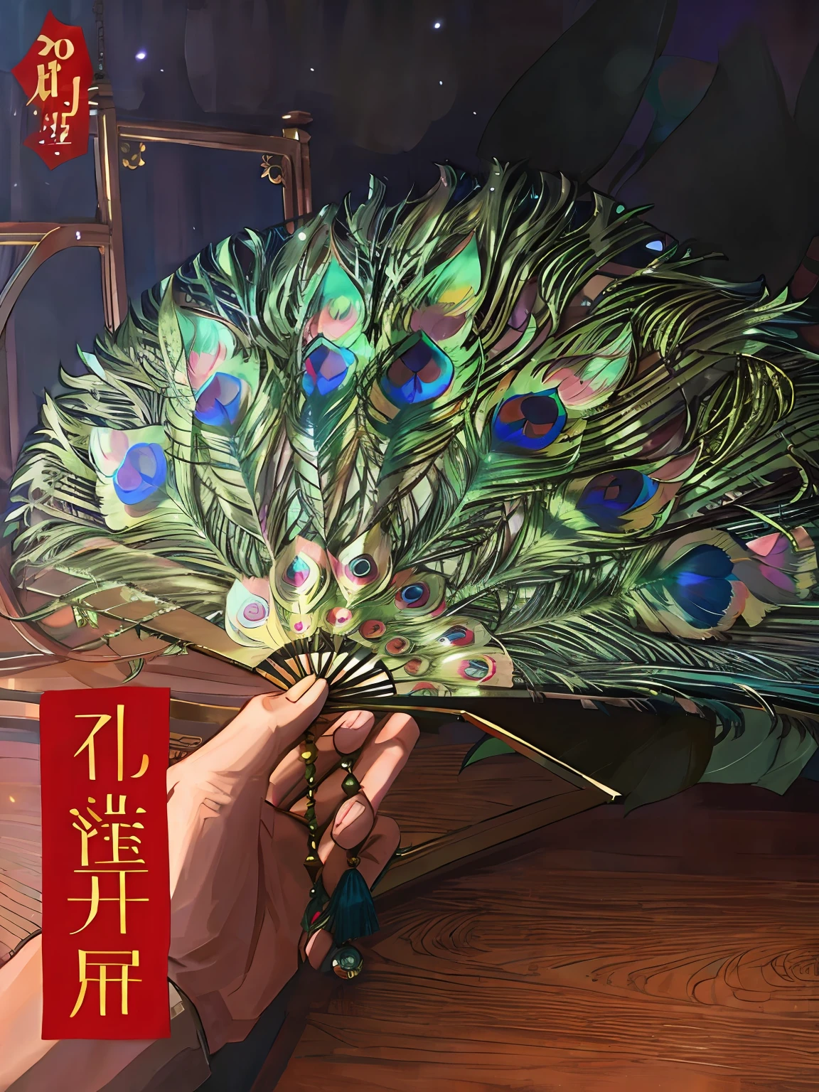 Peacock feathers,folding fan,trinkets,Movie lighting,exquisitedetails