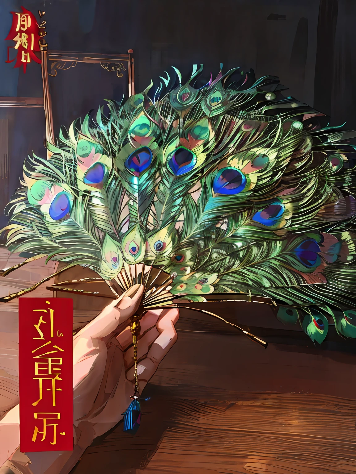 Peacock feathers,folding fan,trinkets,Movie lighting,exquisitedetails