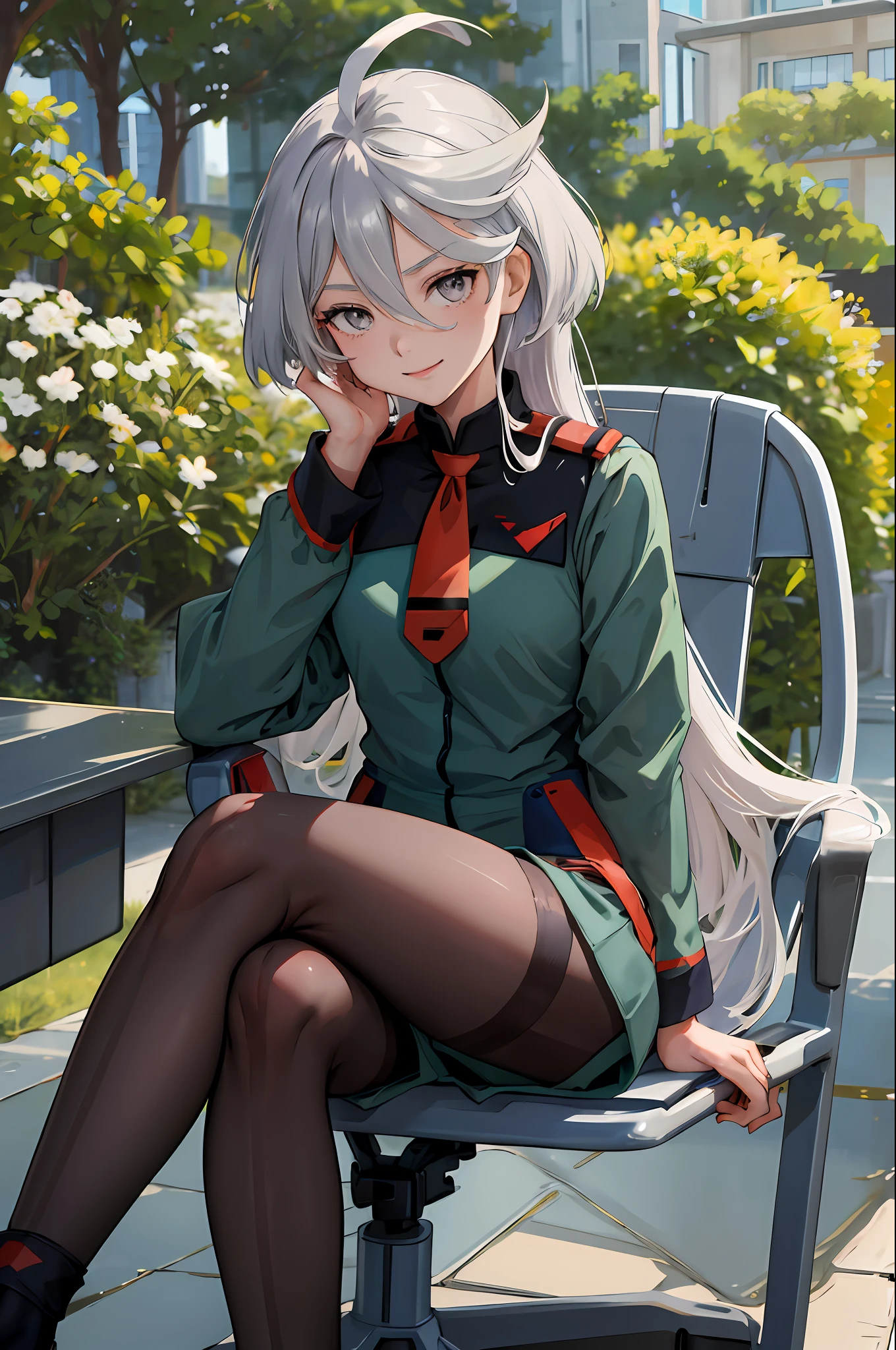 masterpiece, best quality, highres, miorine1, 1girl, miorine rembran, asticassia school uniform, solo, long hair, grey eyes, grey hair, ahoge, seamed legwear, green shorts, necktie, bangs, hair between eyes, black pantyhose, long sleeves, green jacket, floating hair, red necktie, outdoors, chair, sitting, crossed legs, smile, (gundam:1.2),