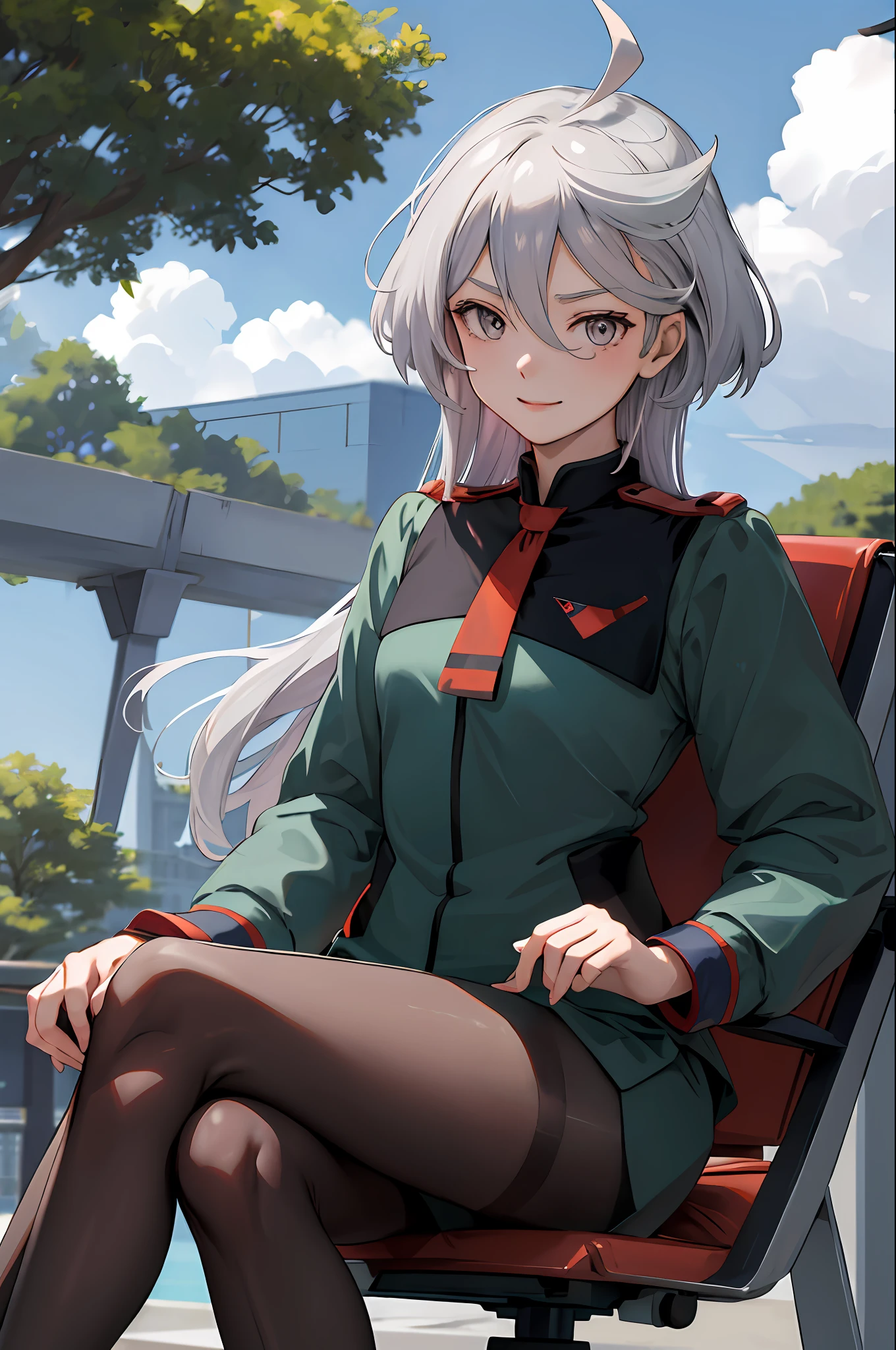 masterpiece, best quality, highres, miorine1, 1girl, miorine rembran, asticassia school uniform, solo, long hair, grey eyes, grey hair, ahoge, seamed legwear, green shorts, necktie, bangs, hair between eyes, black pantyhose, long sleeves, green jacket, floating hair, red necktie, outdoors, chair, sitting, crossed legs, smile, (gundam:1.2),