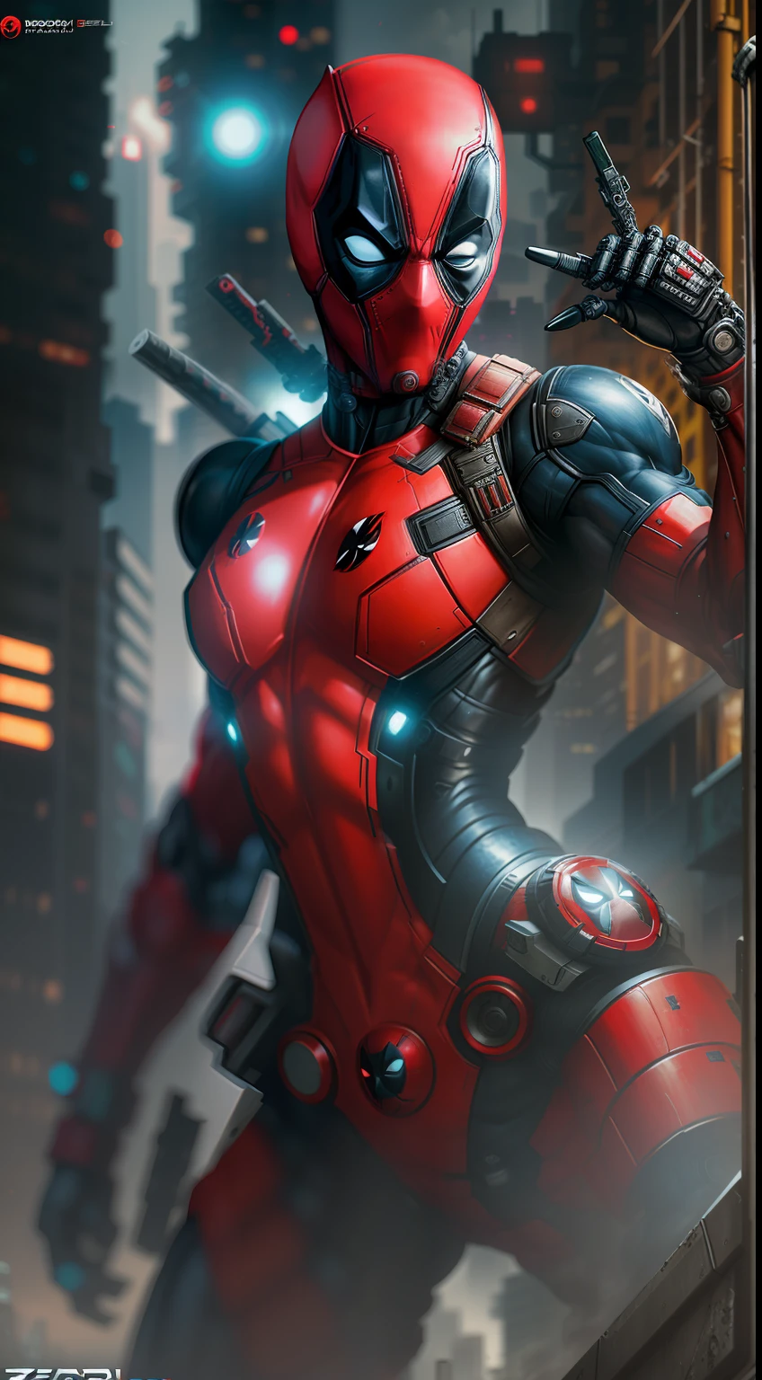 Deadpool from Marvel photography, biomechanics, complex robot, red, full growth, hyper-realistic, crazy little details, incredibly clean lines, cyberpunk aesthetic, masterpiece featured on Zbrush Central, cyberpunk city backdrop