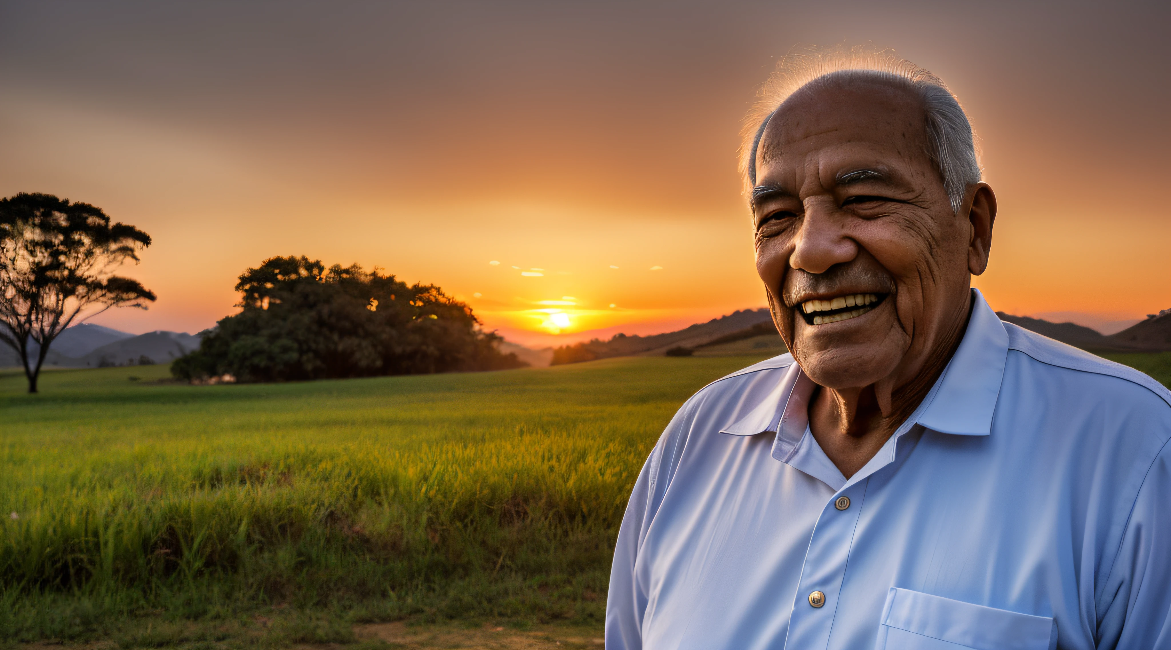 "(((Abuelo colombiano alegre en el amanecer))) - A captivating photorealistic photograph capturing the joy and serenity of a cheerful Colombian grandfather at sunrise. The image should be in high resolution (8K) to showcase every detail of the grandfather's happy expression and his entire body against the beautiful sunrise. Use a 70mm lens to focus on the grandfather and the surrounding environment, incorporating the vibrant colors of yellow, blue, and red.
The lighting should enhance the warm glow of the sunrise, creating a serene and peaceful atmosphere. The camera shot should be a full-body shot, allowing the viewer to connect with the grandfather's happiness and the beauty of the dawn.
Take inspiration from portrait photographers known for their ability to capture genuine emotions and the beauty of nature. The goal is to create a visually captivating photograph that celebrates the joy and serenity of a cheerful Colombian grandfather at the break of dawn."