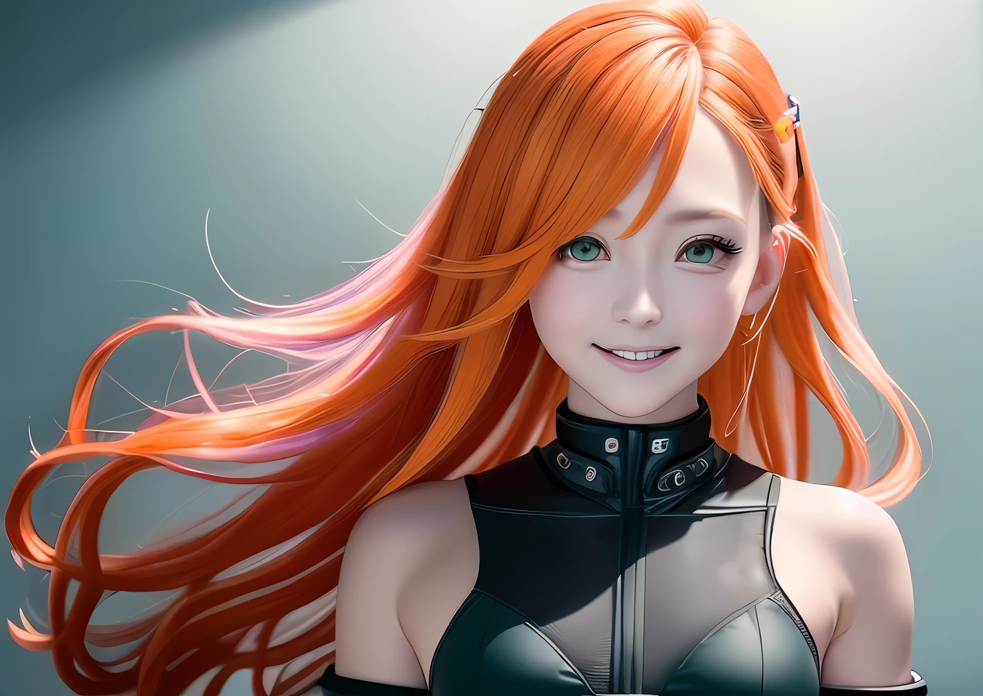 A high resolution, Masterpiece, Best quality, 1girll, Simple background, Game CG, Ultra detailed, Cinematic lighting, High contrast, Sharpen, arknight, Orange hair, Pixel fan tray, Skinny, Floating hair, Tall, Detailed clothes, Smile, Aqua Eye