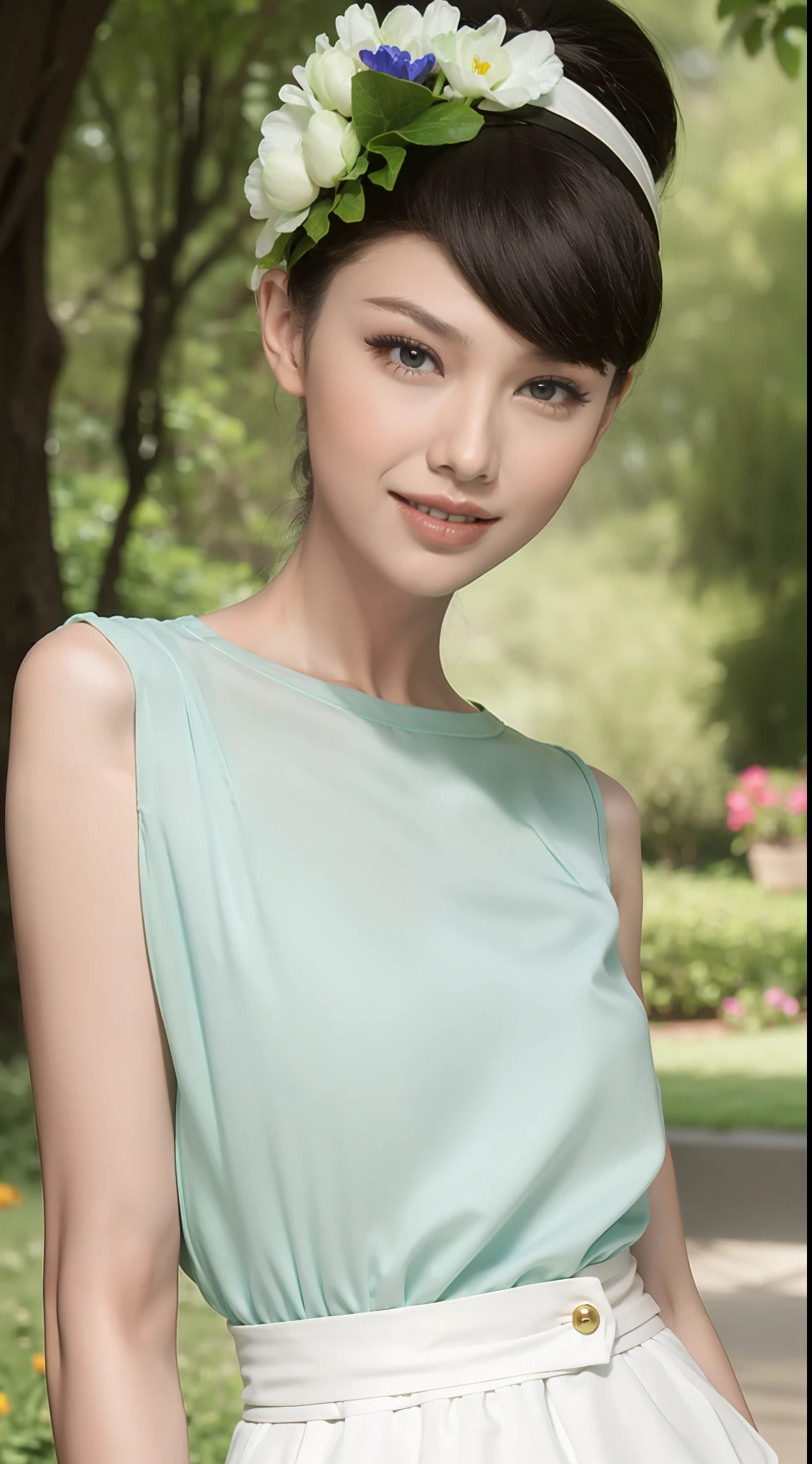 Fashion model 20 years old [[[[closeup cleavage]]]], [[[[boobgasm]]]], [[[[coll]]]], [[[[bshoulders]]]], perfect  eyes, Perfect iris，Perfect lips，perfect teeth，Perfect skin，Long face，slender nose，with fair skin，Soft front light，hdr，Movie girl，white  clothes，Casual，The background is outdoor，green trees，fresh flowers，Tano，grassy fields，（pastel colour：1.2）