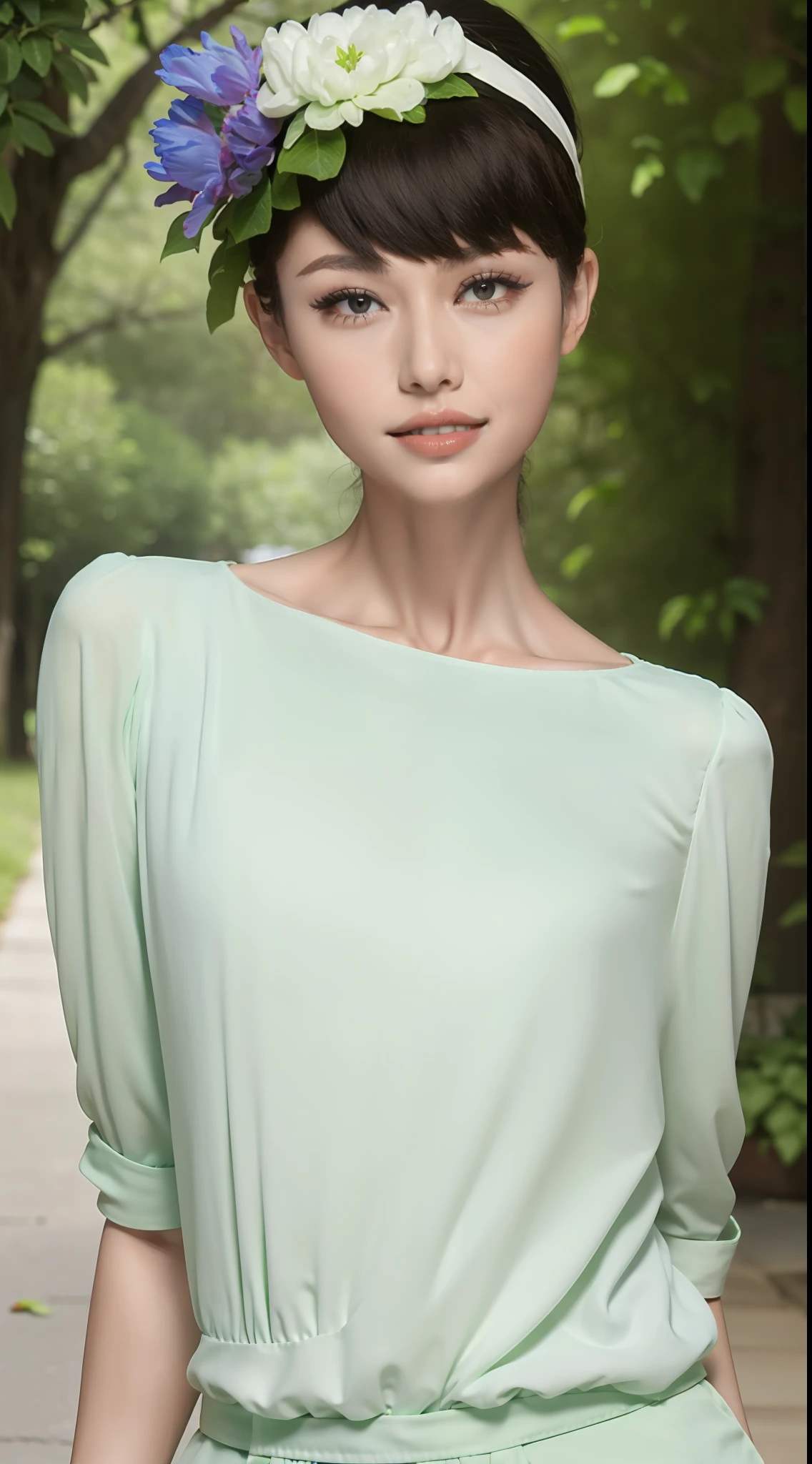 Fashion model 20 years old [[[[closeup cleavage]]]], [[[[boobgasm]]]], [[[[coll]]]], [[[[bshoulders]]]], perfect  eyes, Perfect iris，Perfect lips，perfect teeth，Perfect skin，Long face，slender nose，with fair skin，Soft front light，hdr，Movie girl，white  clothes，Casual，The background is outdoor，green trees，fresh flowers，Tano，grassy fields，（pastel colour：1.2）